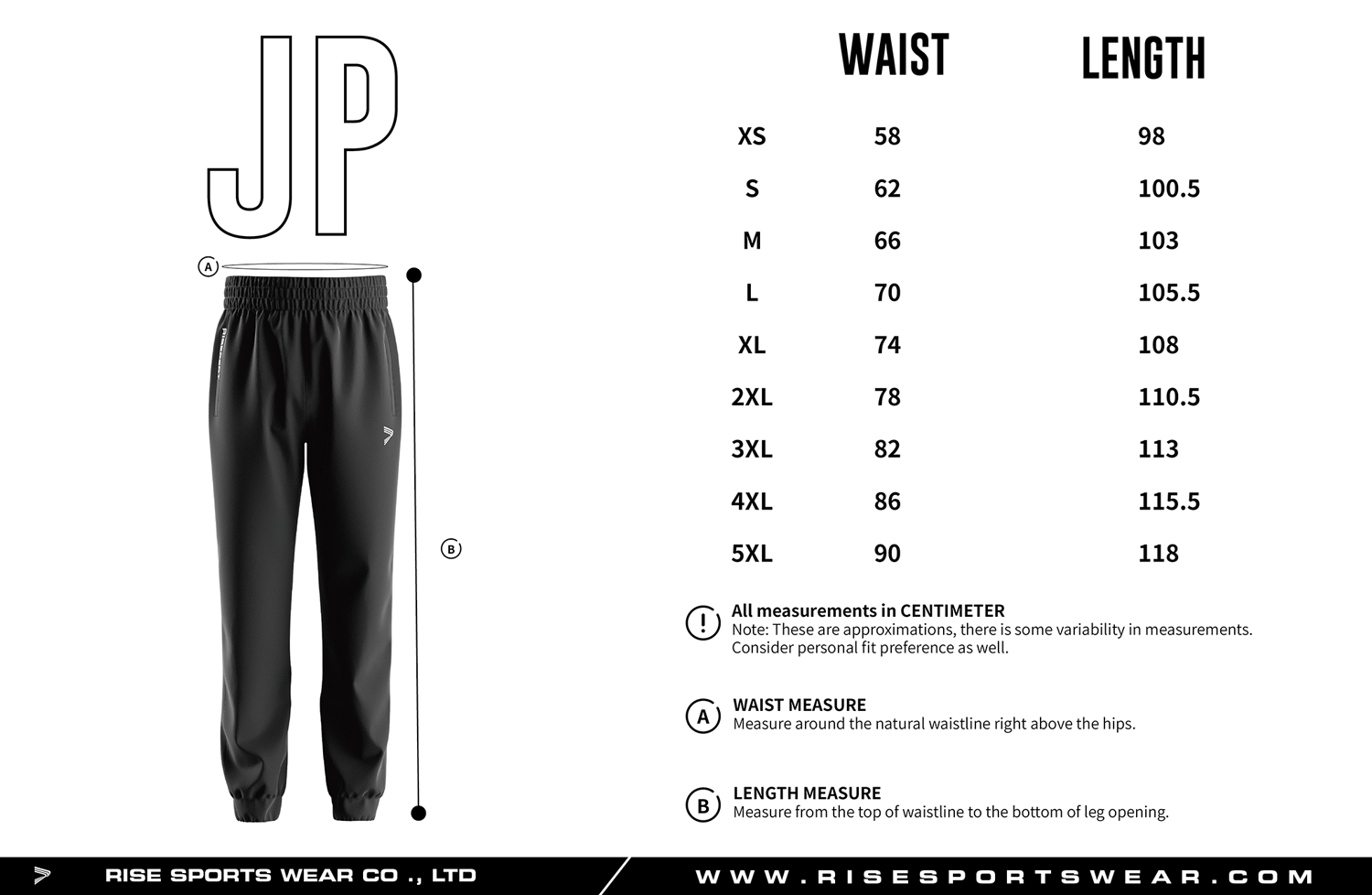 Use men's sizes chart design from Rise Sportswear, or custom your brand/team/club sizes chart of men's windproof sports pants