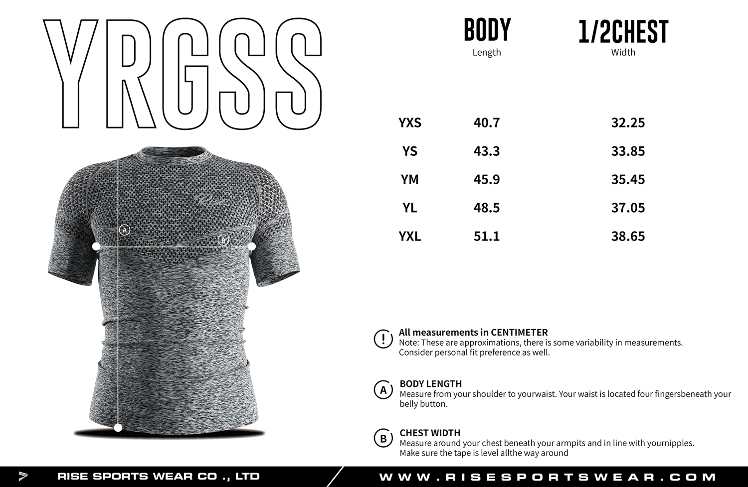 Use the youth size chart provided by Rise Sportswear, or customize your own brand, club, or team youth size chart for men's seamless slim fit knit short sleeve athletic compression shirts / rash guards.