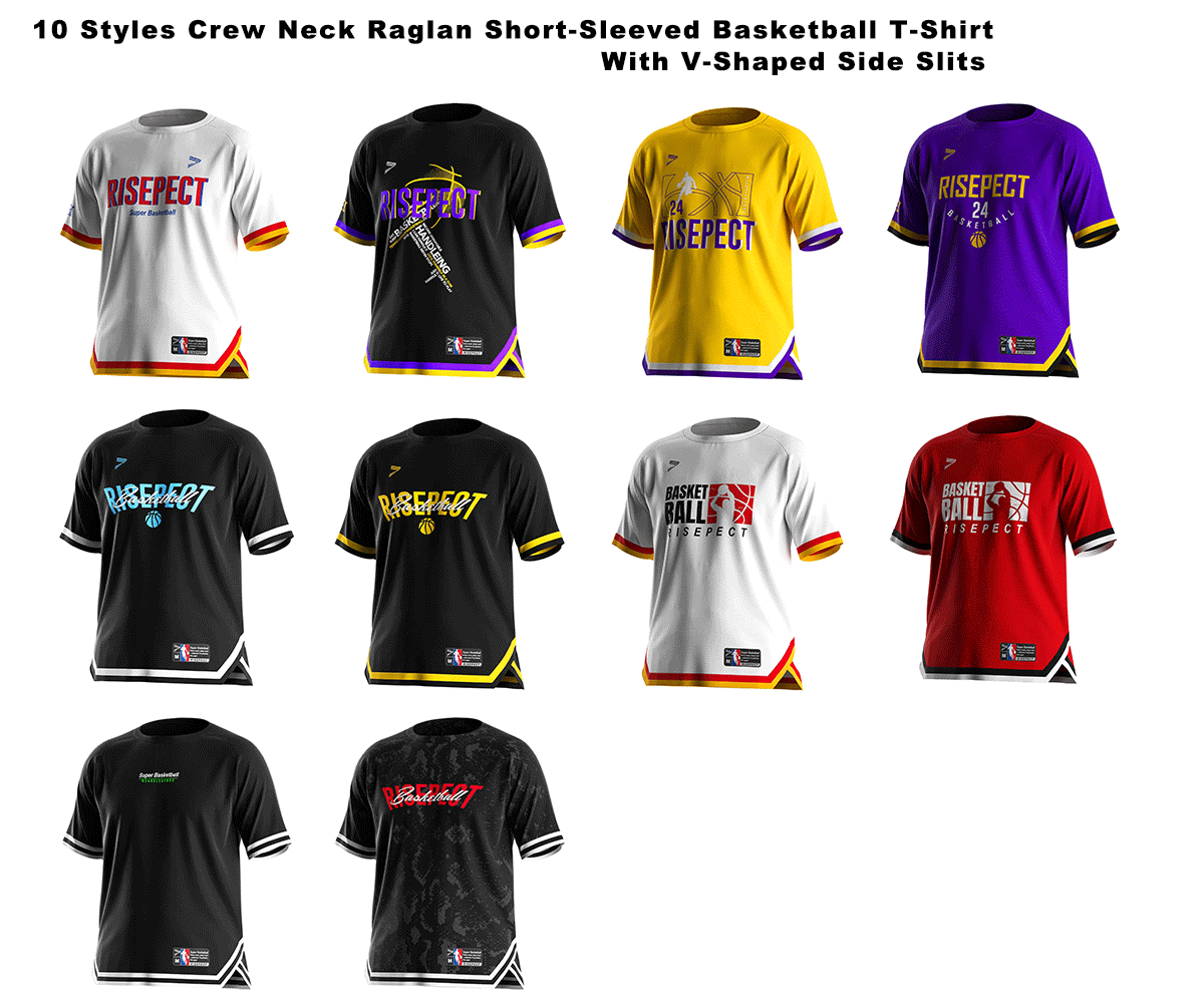 10 styles crew neck raglan short-sleeved basketball t shirt with V-shaped side slits