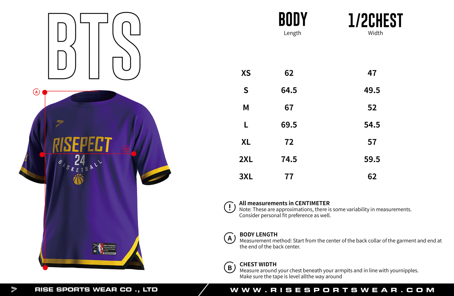 Use men's sizes chart provided by Rise Sportswear, or custom your own brand, club, or team sizes chart for crew neck raglan short-sleeved basketball t shirt with V-shaped side slits.
