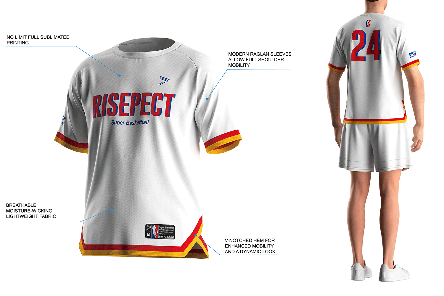 Details feature of crew neck raglan short-sleeved basketball t shirt with V-shaped side slits. No limit full sublimated printing, Breathable moisture-wicking, lightweight fabric, Modern raglan sleeves allow full shoulder mobility, and V-notched hem for enhanced mobility and a dynamic look.