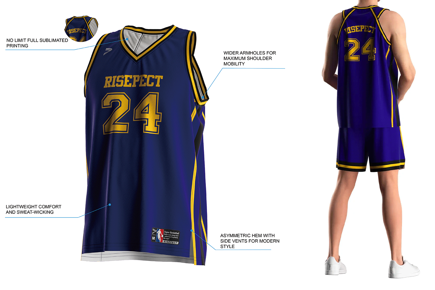 Details feature of men's V-neck Narrow back basketball tank top. Lightweight, sweat-wicking polyester jersey with wide armholes and side vents.