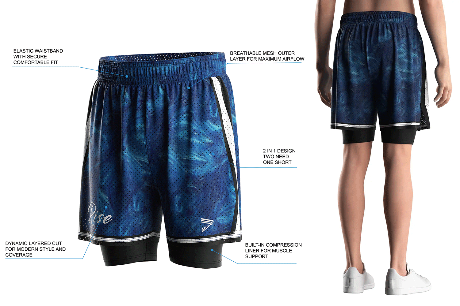 Details Feature of Mesh Basketball Shorts With Compression Inner Shorts. Breathable 2-in-1 design with elastic waistband and muscle support.