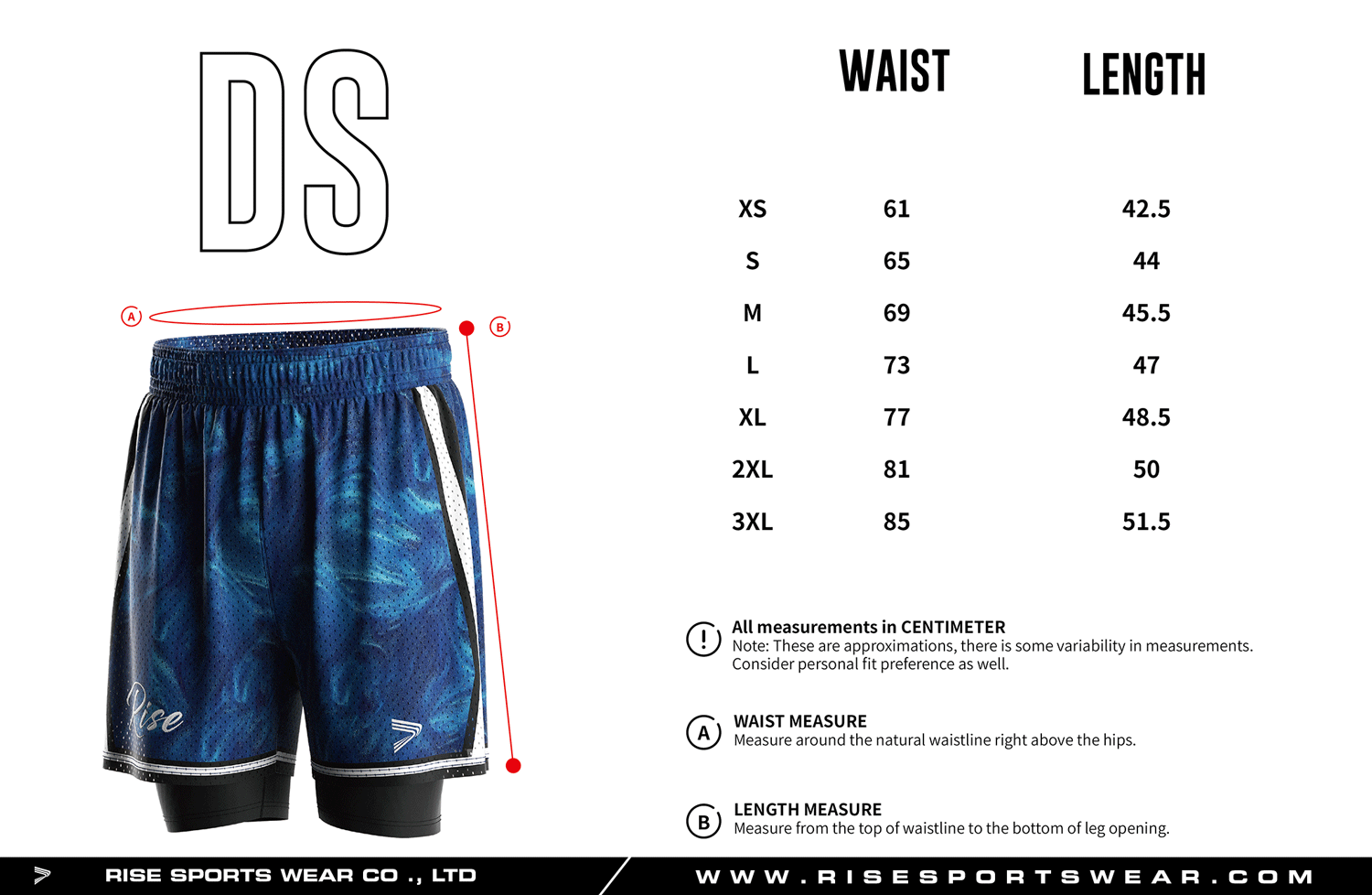 Use men's sizes chart provided by Rise Sportswear, or custom your brand, club or team sizes chart of Mesh Basketball Shorts With Compression Inner Shorts
