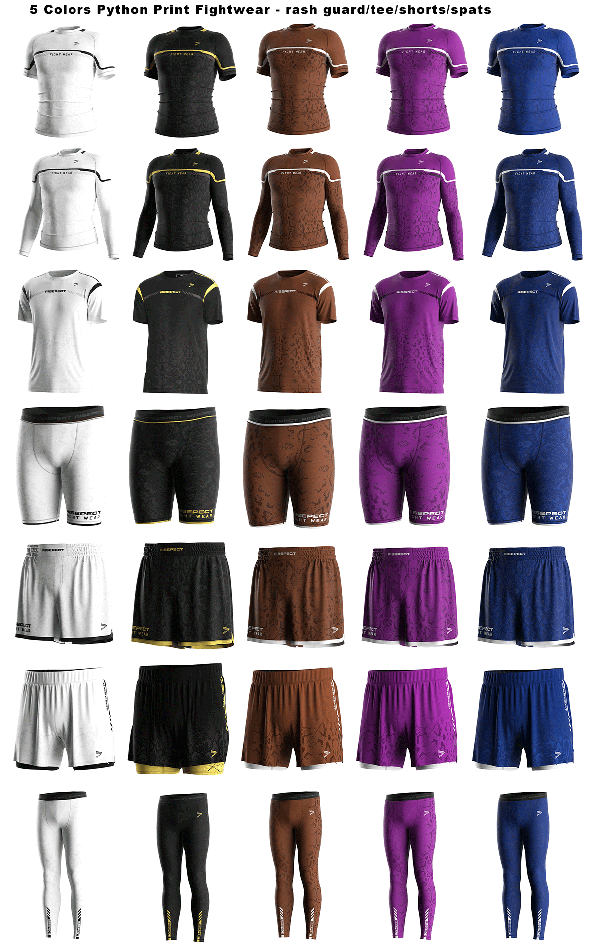 5-colors python print fightwear sets: short sleeve rash guard, long sleeve rash guard, short sleeve tshirt, training single-layer shorts, double-layer shorts, vale tudo shorts, BJJ MMA spats.