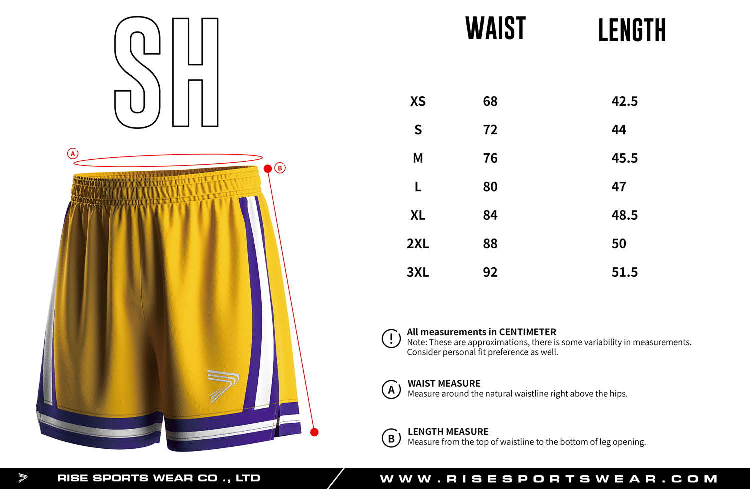 Use men's sizes chart provided by Rise Sportswear, or custom your own brand, club, or team sizes chart for basketball layer shorts with V cut side slits.