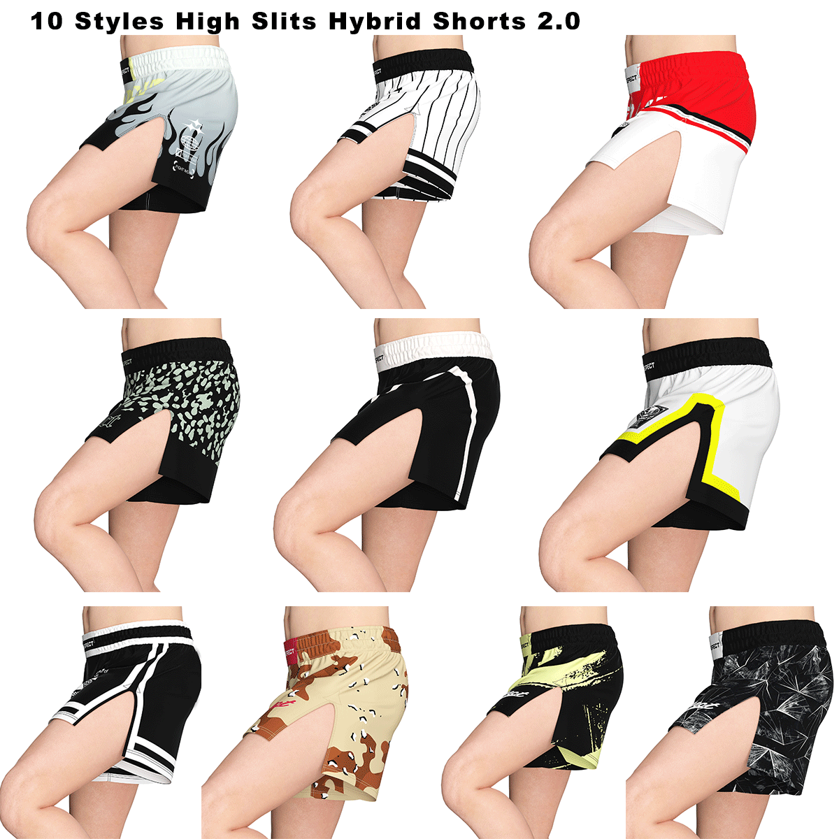 10 styles MMA high slits hybrid shorts 2.0