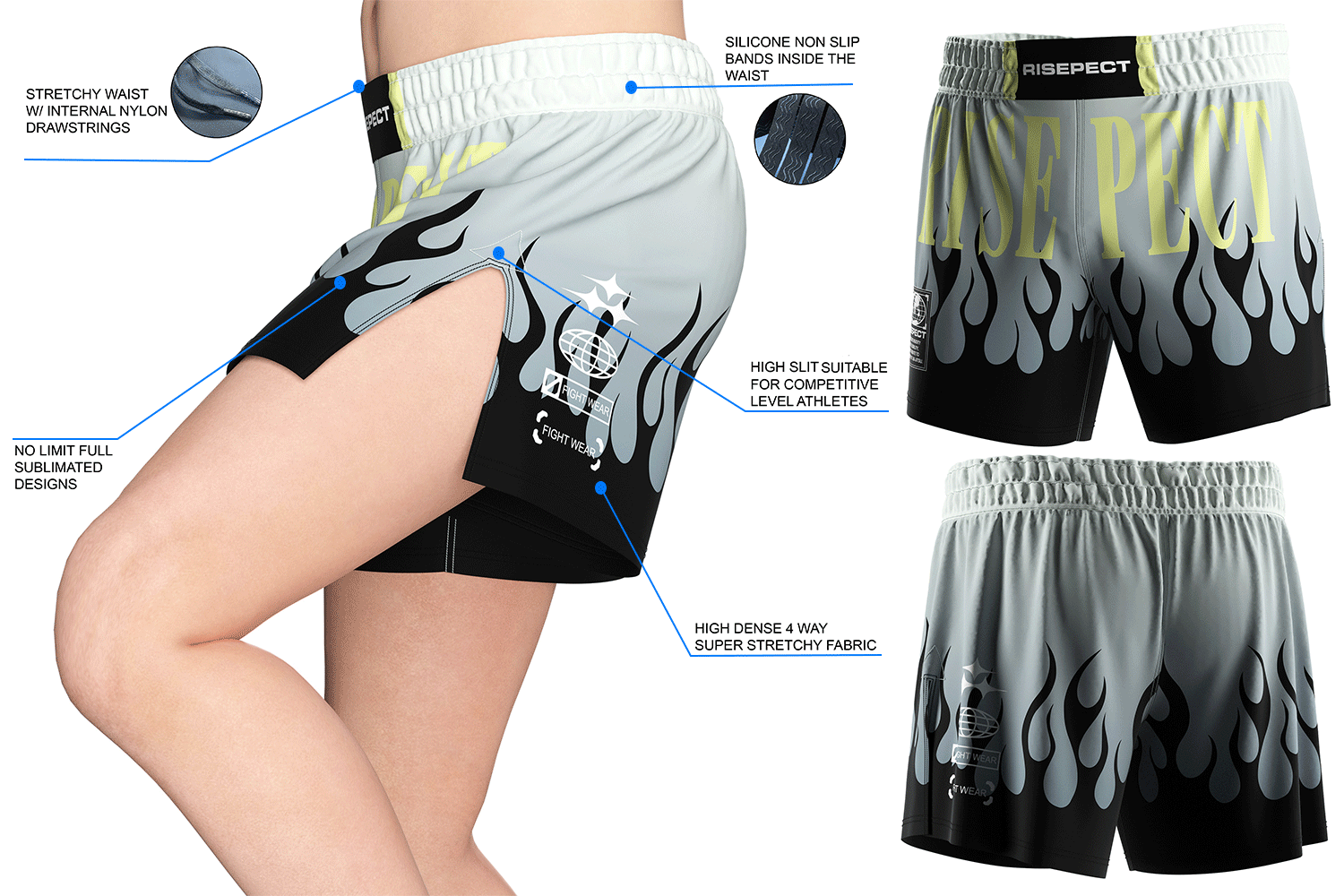 Details Feature of MMA high slits hybrid shorts 2.0. Full sublimation, 4-way stretch RS003 fabric, silicone grip waistband, and reinforced slits.