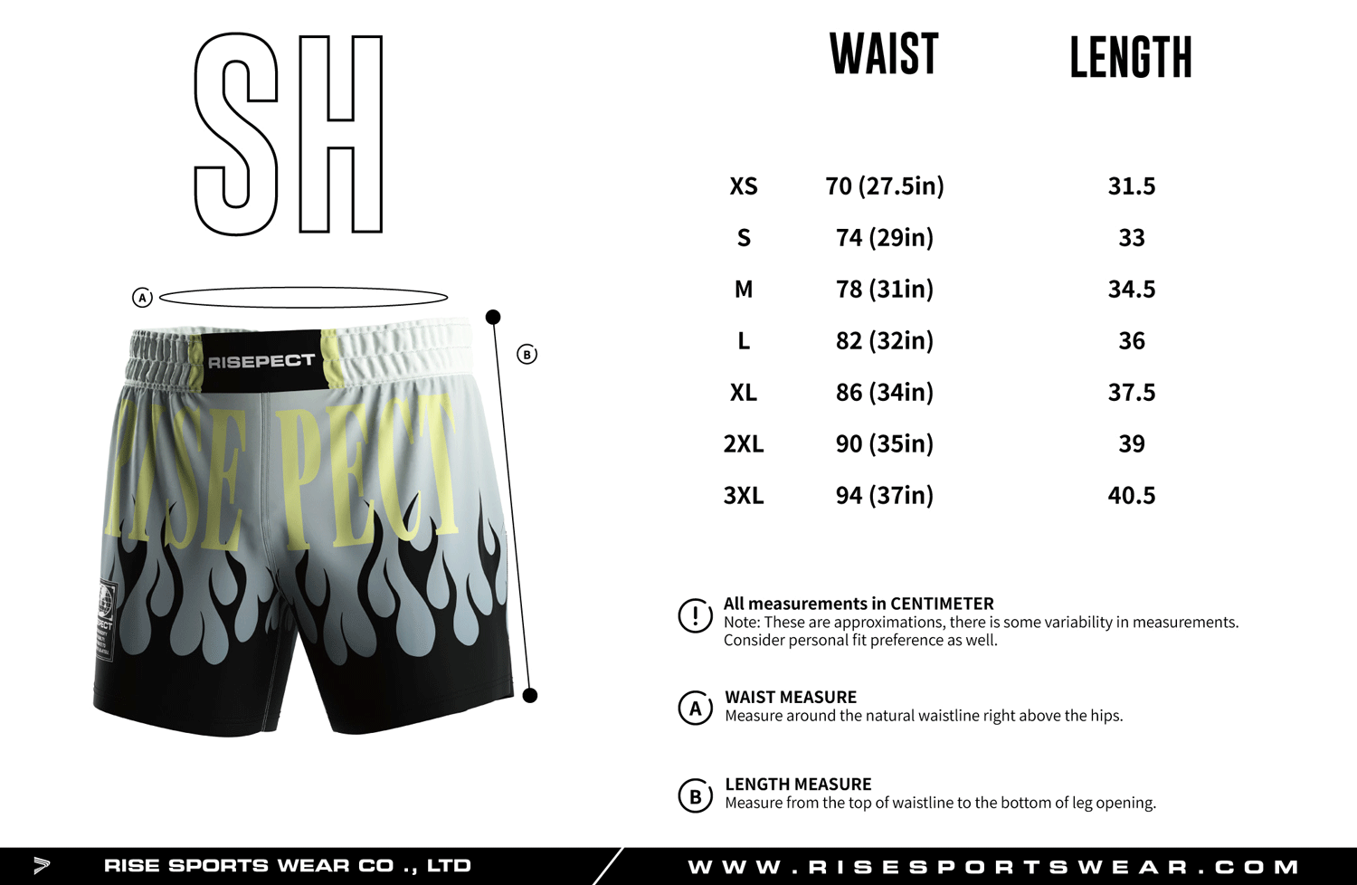 Use men's sizes chart provided by Rise Sportswear, or custom your own brand, club, or team sizes chart for MMA high slits hybrid shorts 2.0.
