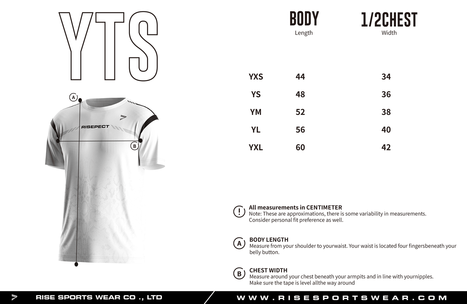 Use youth sizes chart provided Rise Sportswear, or custom your own brand, team, or club sizes chart for fight short sleeve tshirt.