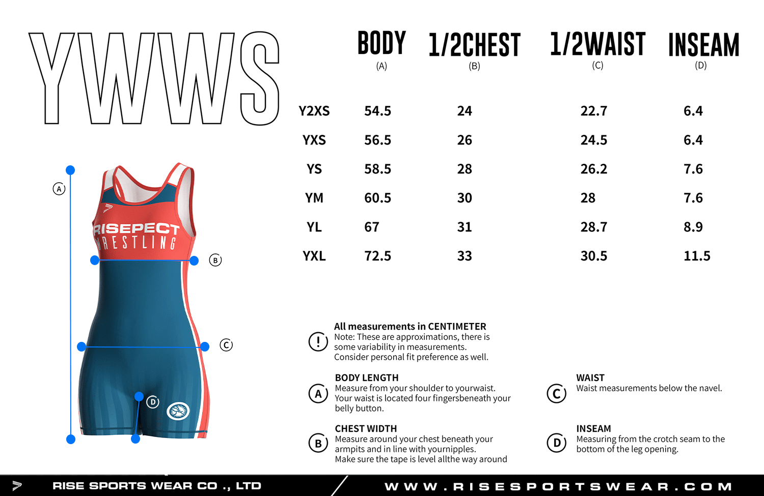 Use youth sizes chart provided by Rise Sportswear, or custom your own brand, team, or club sizes chart for wrestling singlets 1.0.