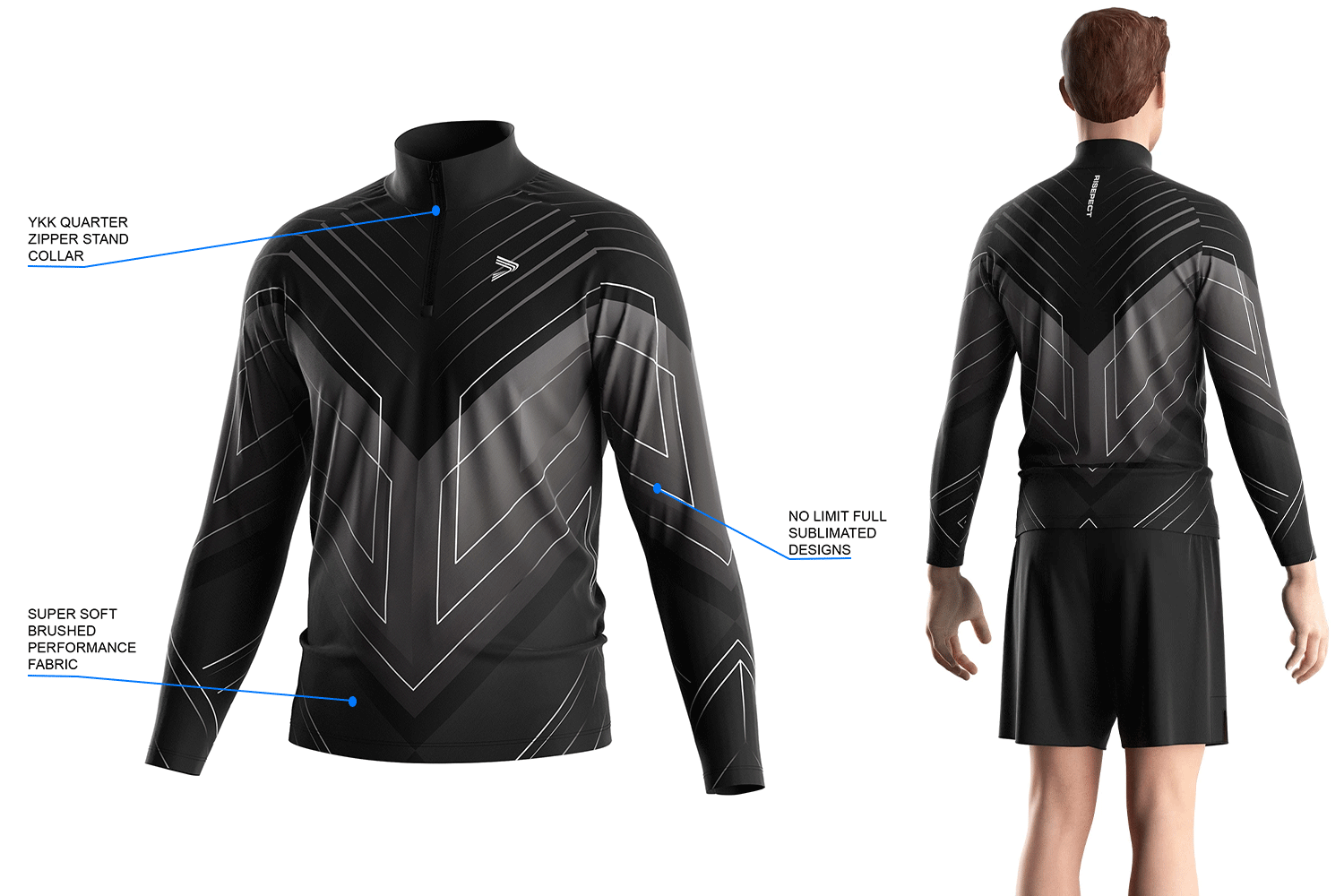 Details feature of club wrestling quarter zip top with symmetrical sublimation pattern. Brushed performance fabric, YKK zipper, and full sublimation.