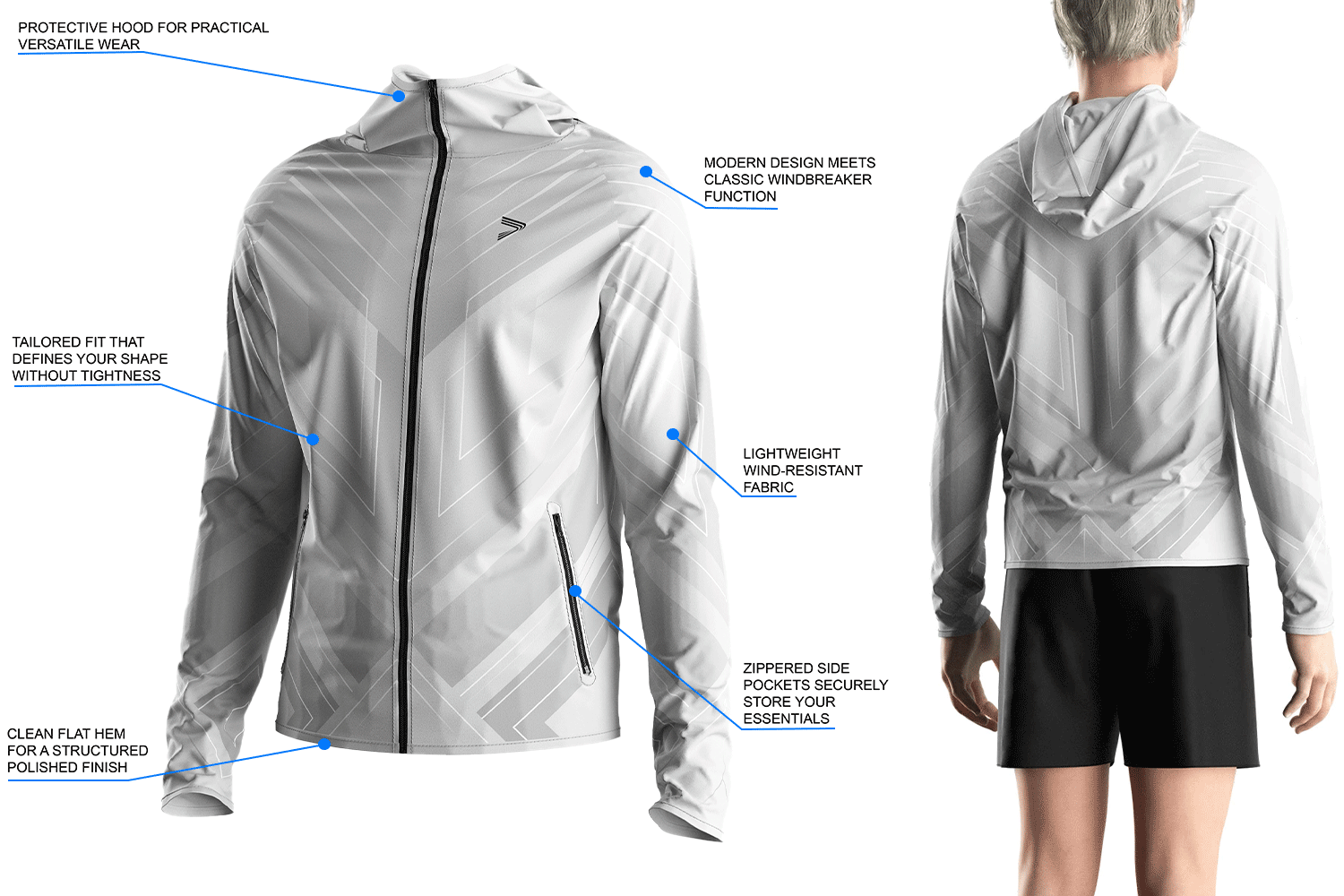 Details feature of wrestling hooded windbreaker with symmetrical sublimation design. lightweight wind-resistant fabric, and tailored athletic fit.