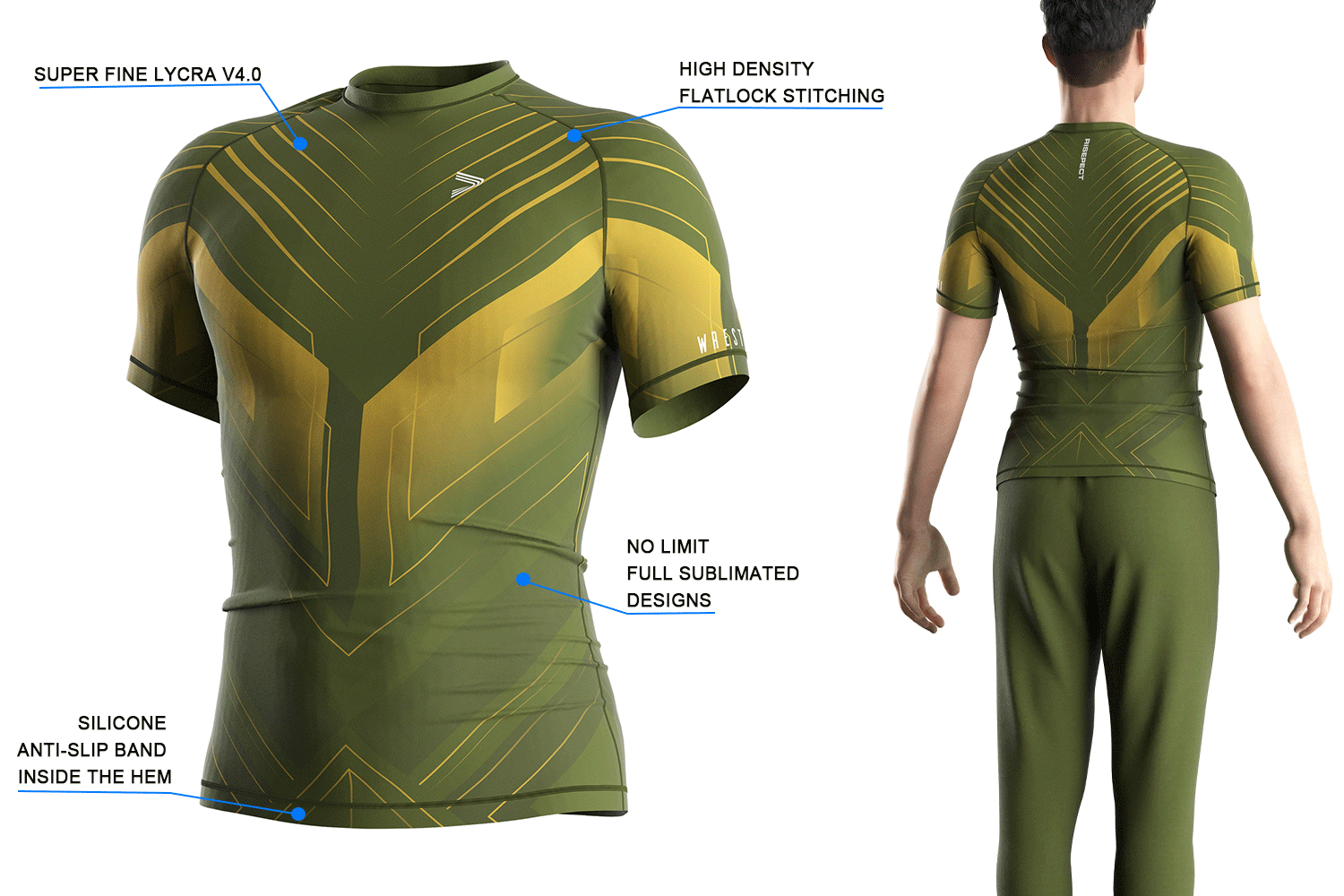 Details feature of wrestling compression top with symmetrical sublimated lines bulk orders. Super Fine Lycra v4.0, anti-slip hem, and full sublimation.