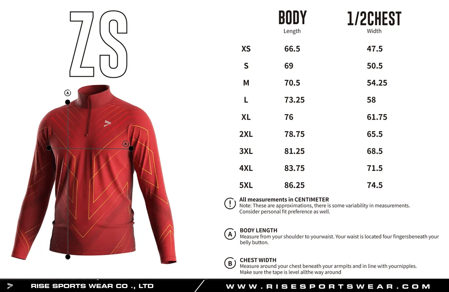 Use men's sizes chart provided by Rise Sportswear, or custom your own brand, club, or team men's sizes chart for club wrestling quarter zip top with symmetrical sublimation pattern.