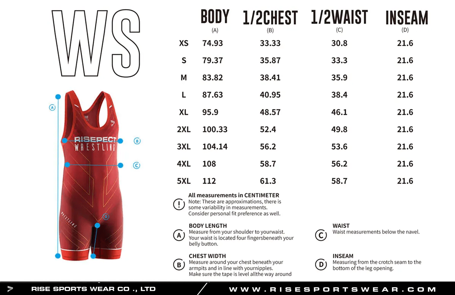 Use men's sizes chart provided by Rise Sportswear, or custom your own brand, club, or team men's sizes chart for wholesale wrestling singlet with symmetrical line sublimation design.
