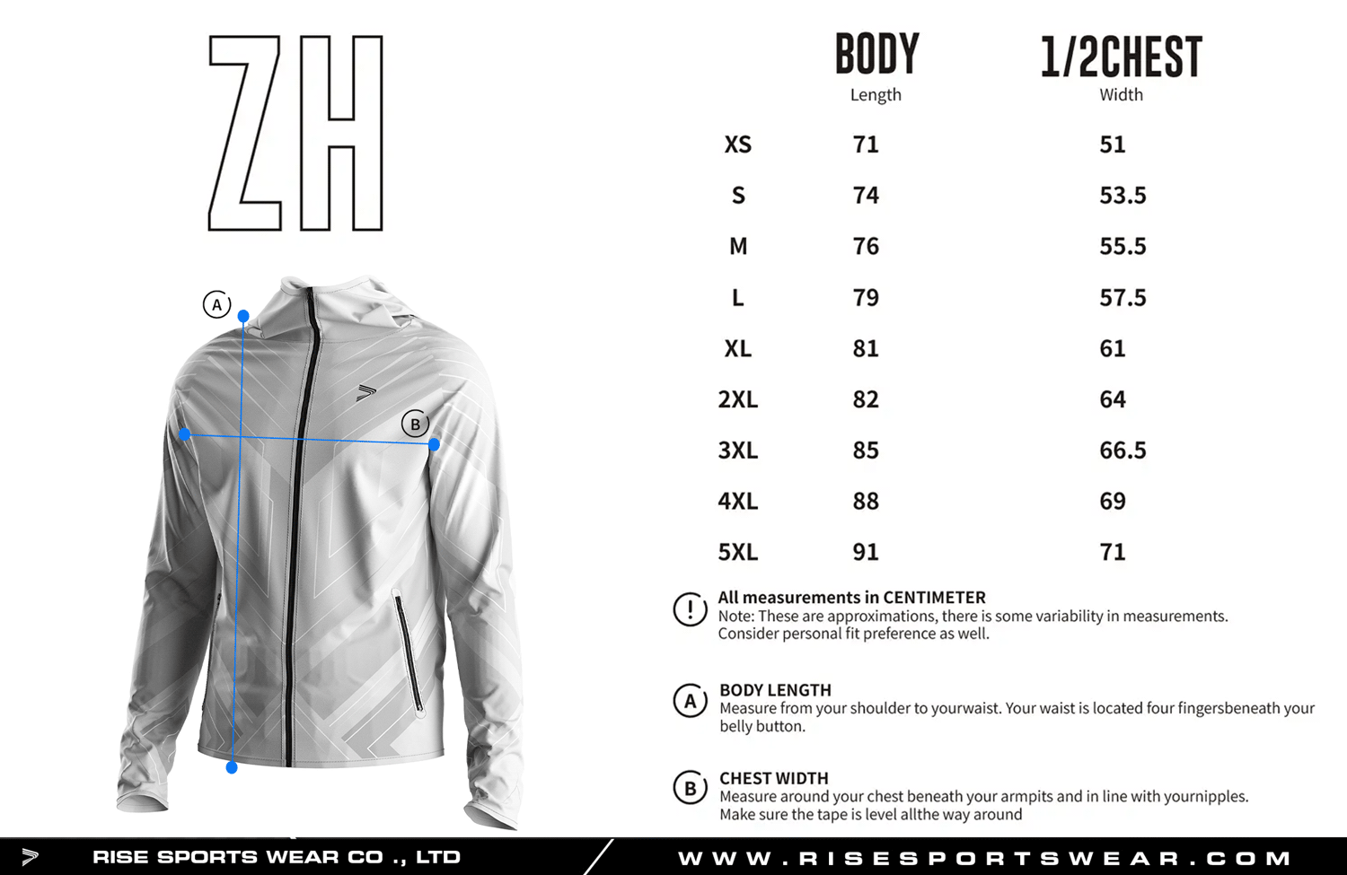 Men's sizes chart of wrestling club hooded windbreaker with symmetrical sublimation design