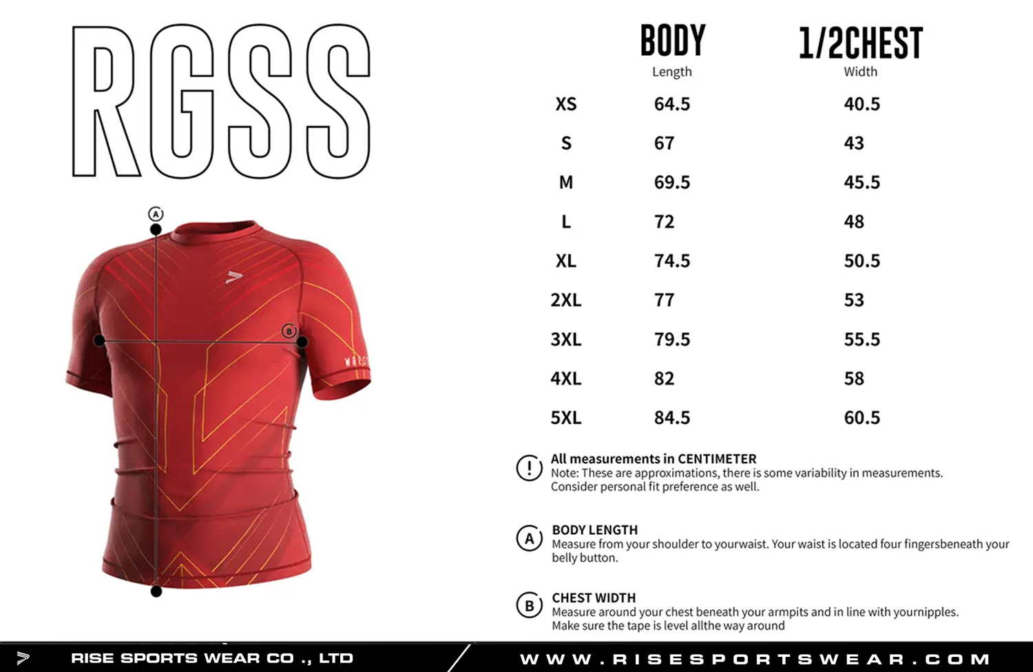 Use men's sizes chart provided by Rise Sportswear, or custom your own brand, club, or team men's sizes chart for wrestling compression top with symmetrical sublimated lines bulk orders.