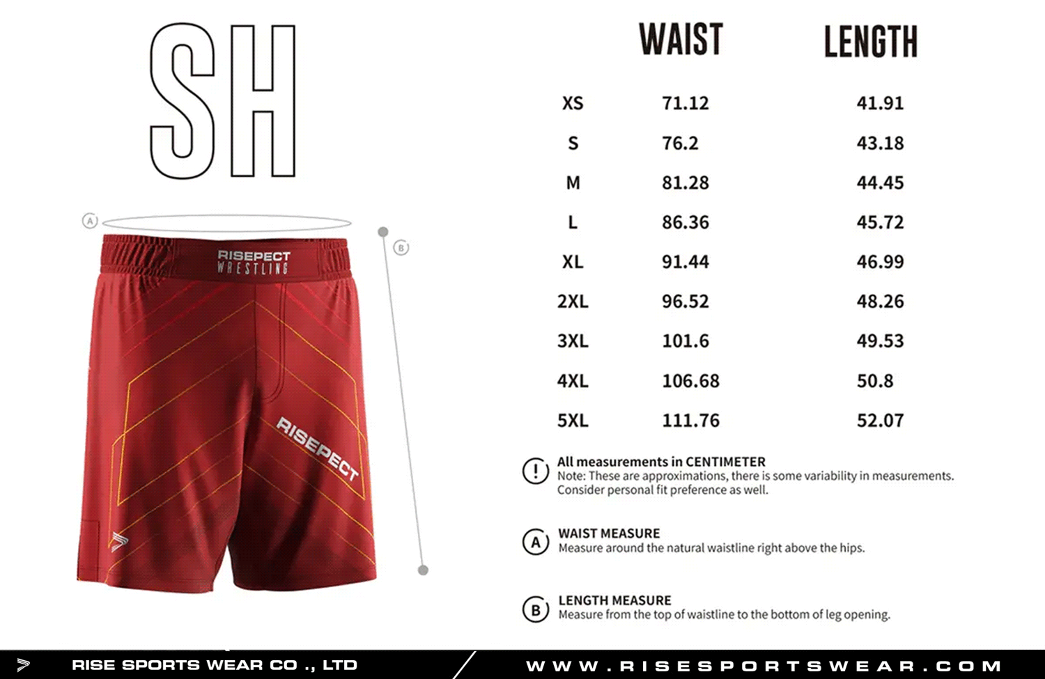Use men's sizes chart provided by Rise Sportswear, or custom your own brand, club, or team men's sizes chart for wrestling training shorts with symmetrical line sublimation for team.
