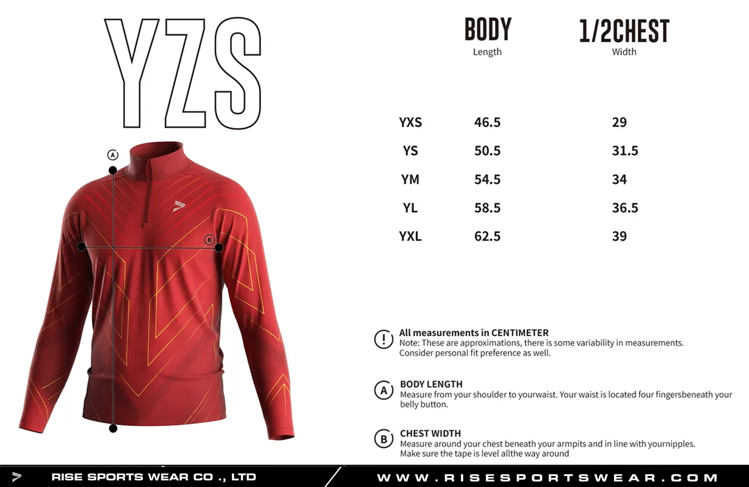 Use youth sizes chart provided by Rise Sportswear, or custom your own brand, club, or team youth sizes chart for club wrestling quarter zip top with symmetrical sublimation pattern.