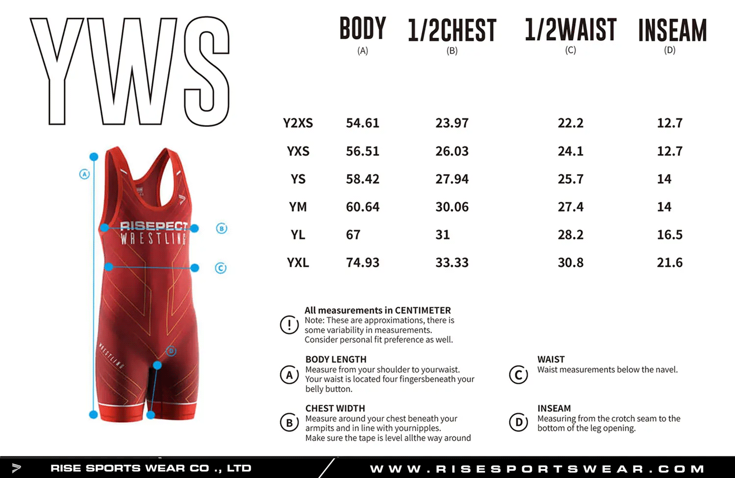 Use youth sizes chart provided by Rise Sportswear, or custom your own brand, club, or team youth sizes chart for wholesale wrestling singlet with symmetrical line sublimation design.