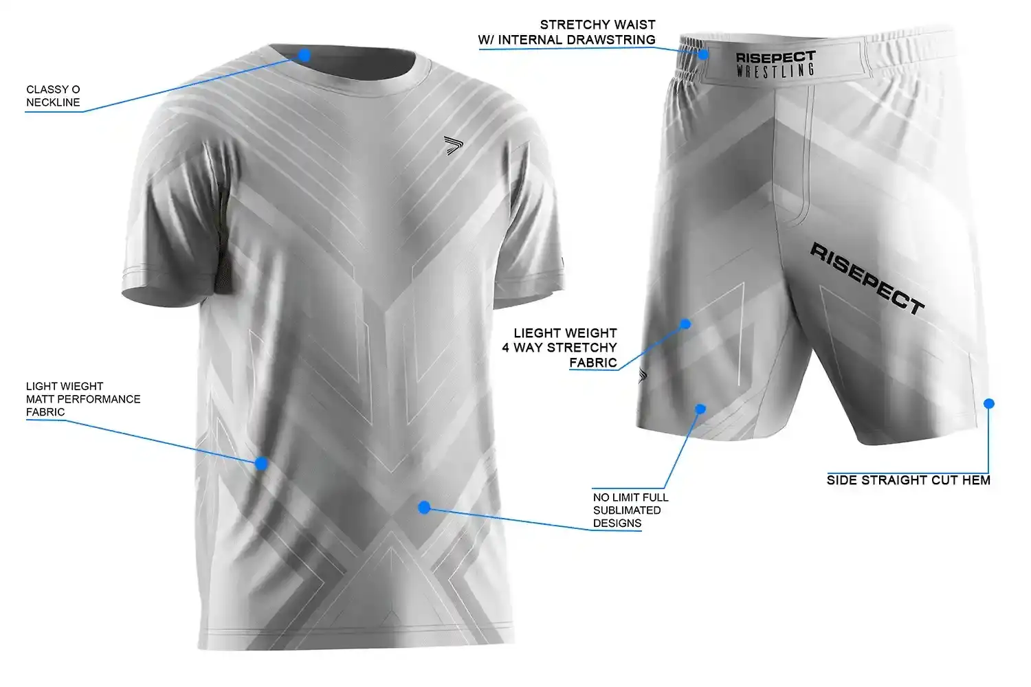 Details feature of Wrestling Gear Bundle Shirt Shorts Kits With Symmetrical Line. 