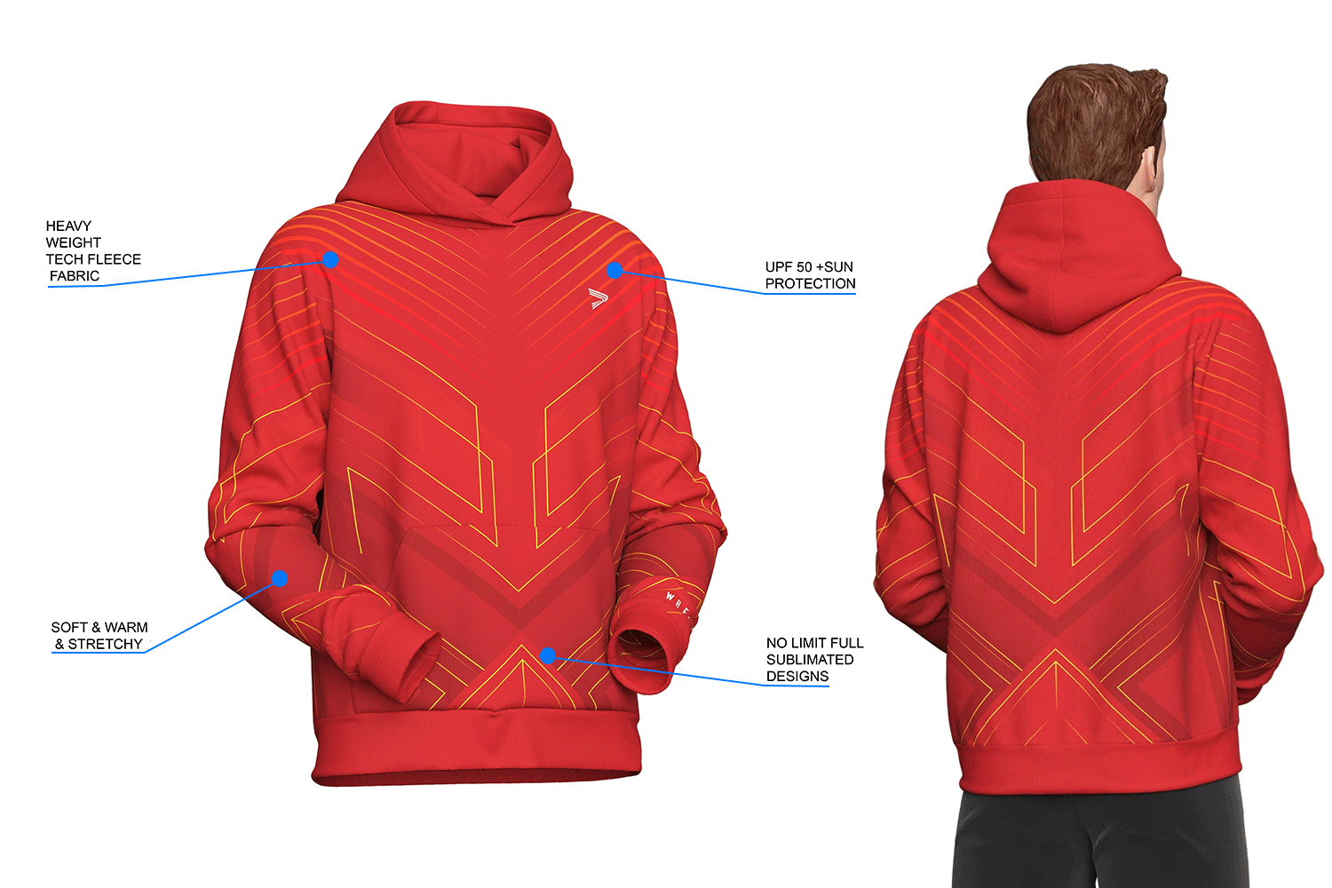 Details feature of custom wrestling training hoodie with symmtrical sublimation design. Made with heavyweight tech fleece, UPF 50+ protection, and no limit sublimated designs.