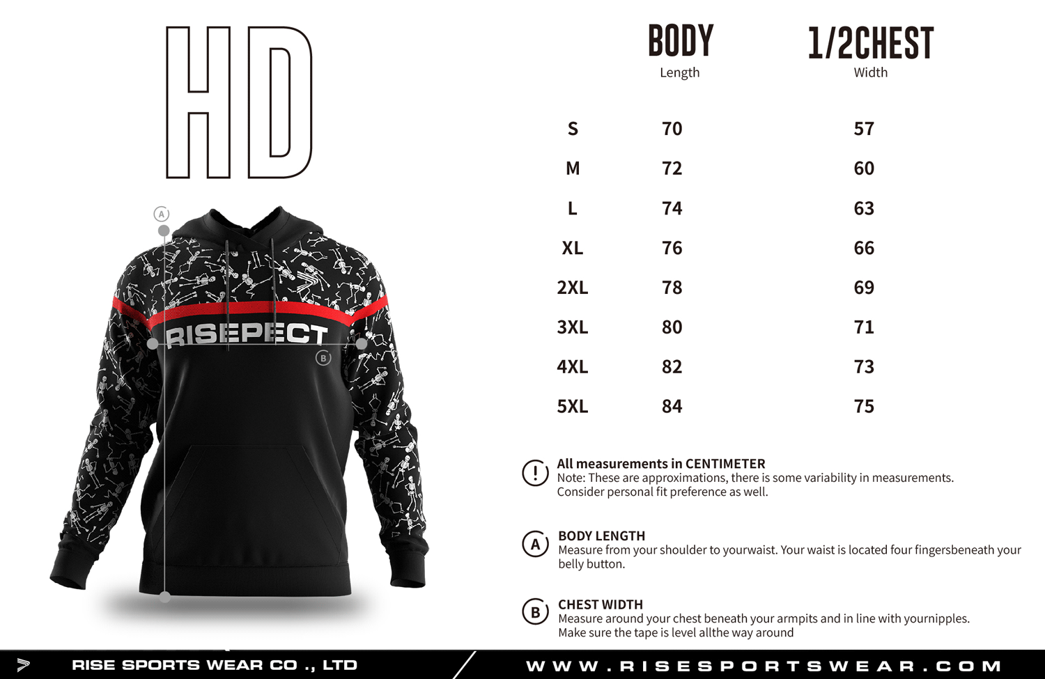 Use men's sizes chart provided by Rise Sportswear, or custom your own brand, club, or team men's sizes chart for custom wrestling training hoodie with symmtrical sublimation design.