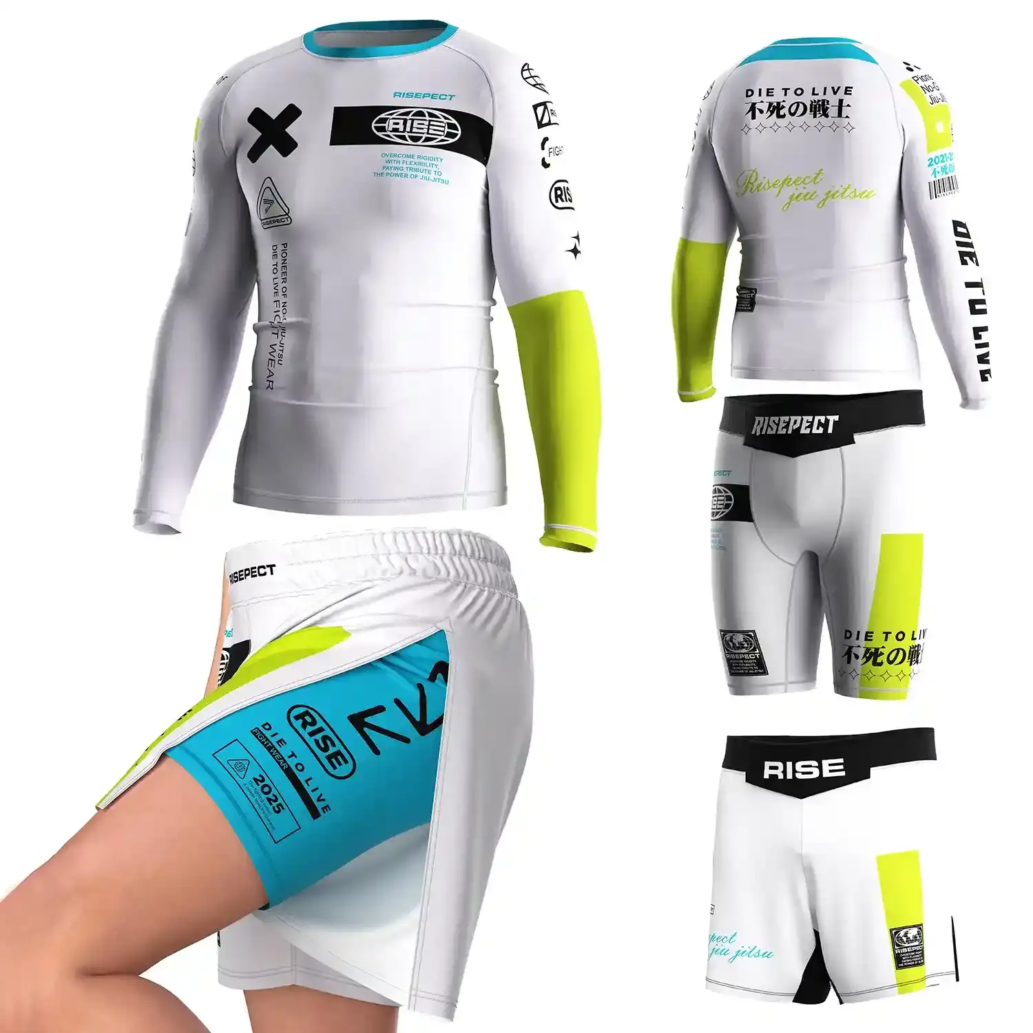 
                Academy Custom Jiujitsu MMA Set White & Neon Rash Guard & Split Shorts