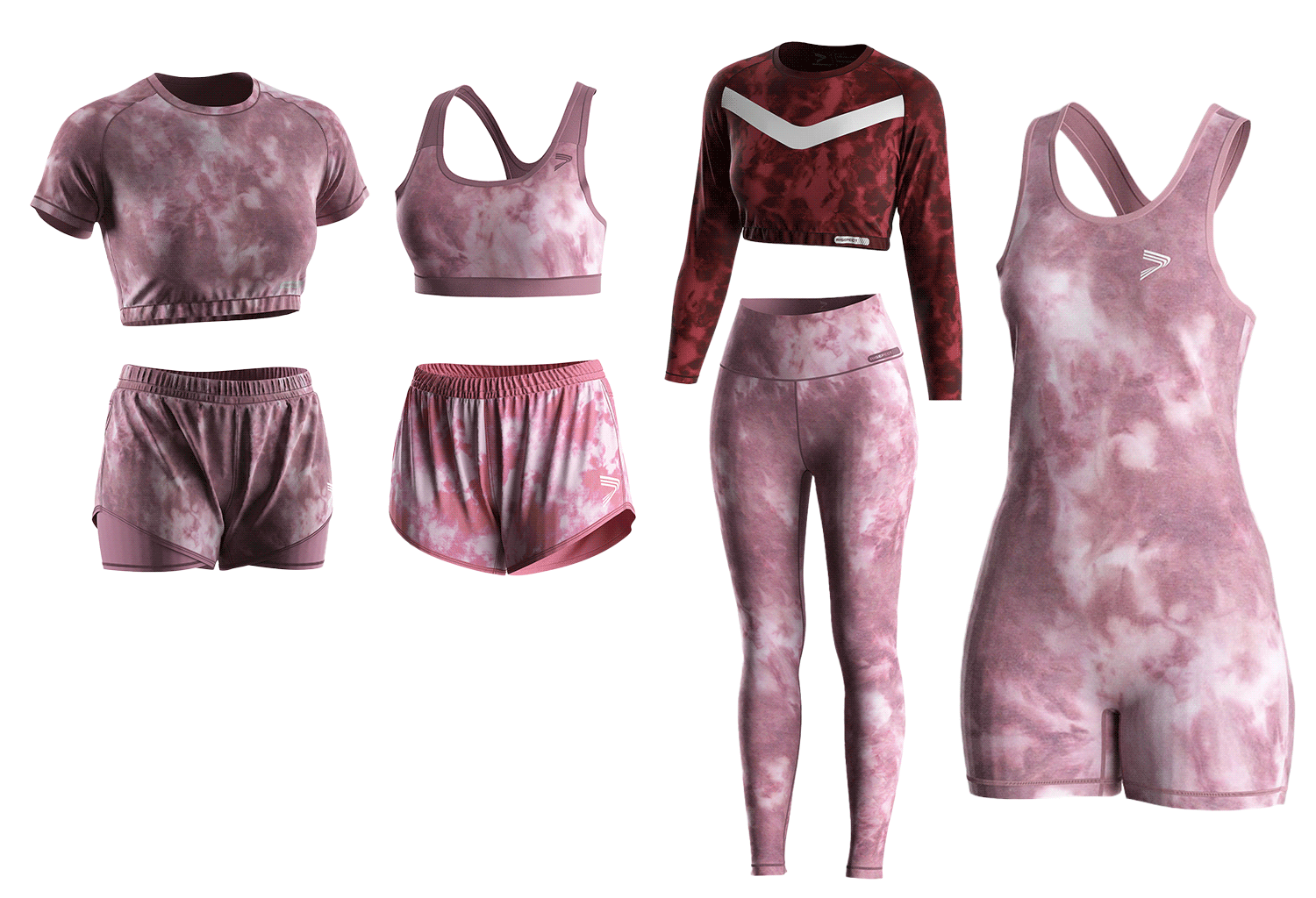 The pink women's activewear sets including crop short sleeve top, crop long sleeve top, racerback bras, training shorts, double layer shorts, leggings, and bodysuit.