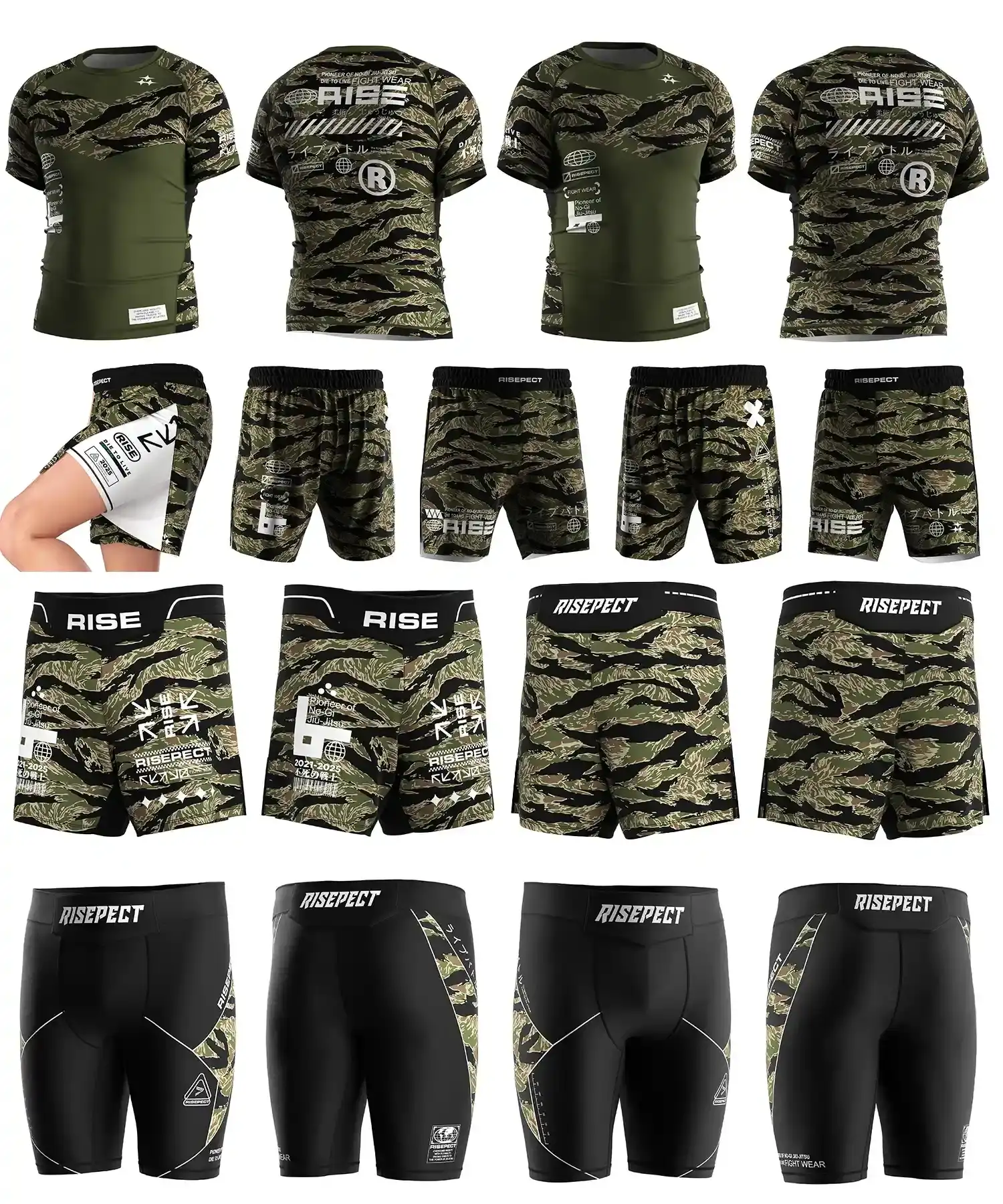 The front and back design of the green tiger BJJ MMA training sets. The 4-piece set includes a short sleeve rash guard, a Vale Tudo shorts, no velcro training single layer shorts, and high slit double layer shorts.