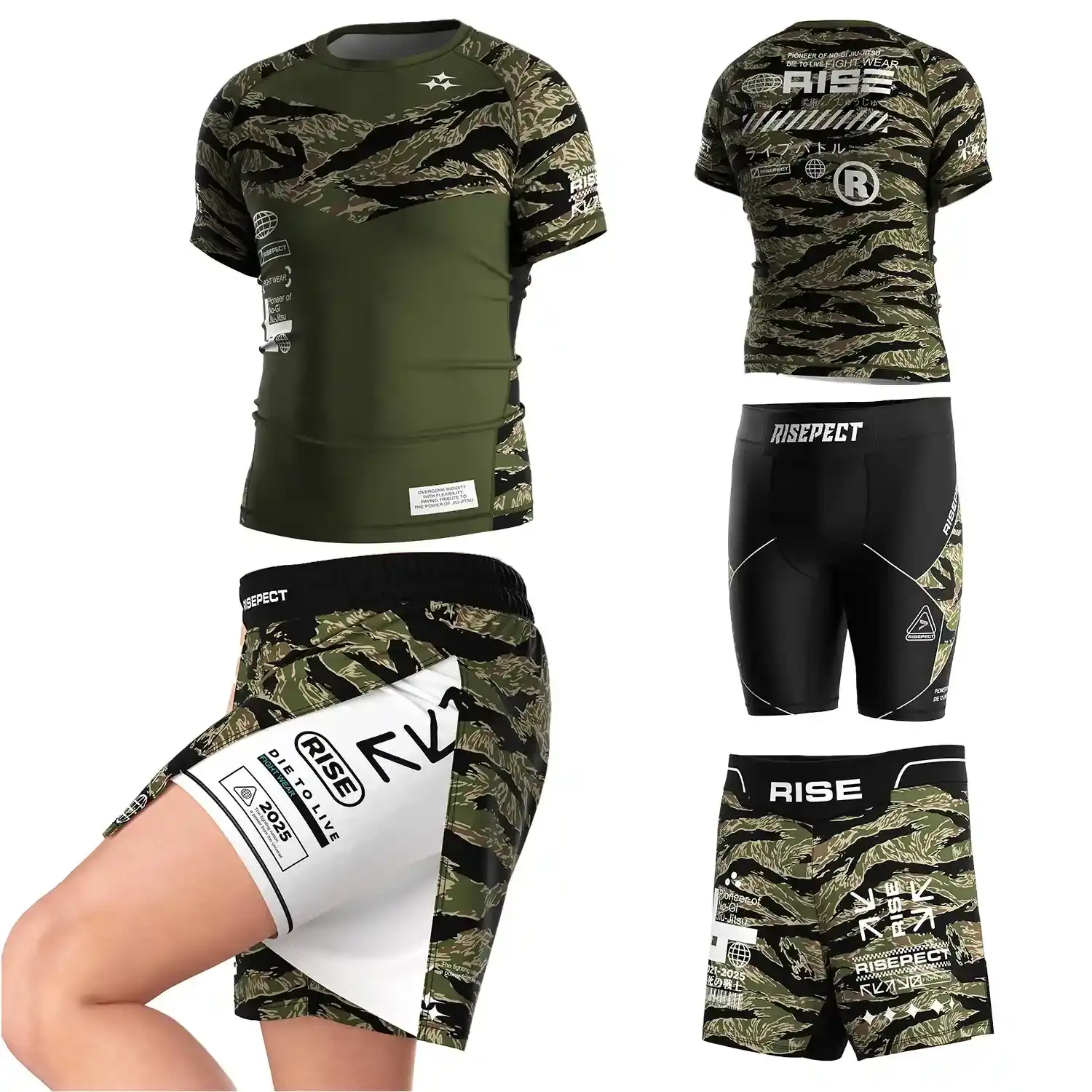 
                Team & Brand Custom Set Green Tiger Nogi MMA Rash Guard and Shorts
