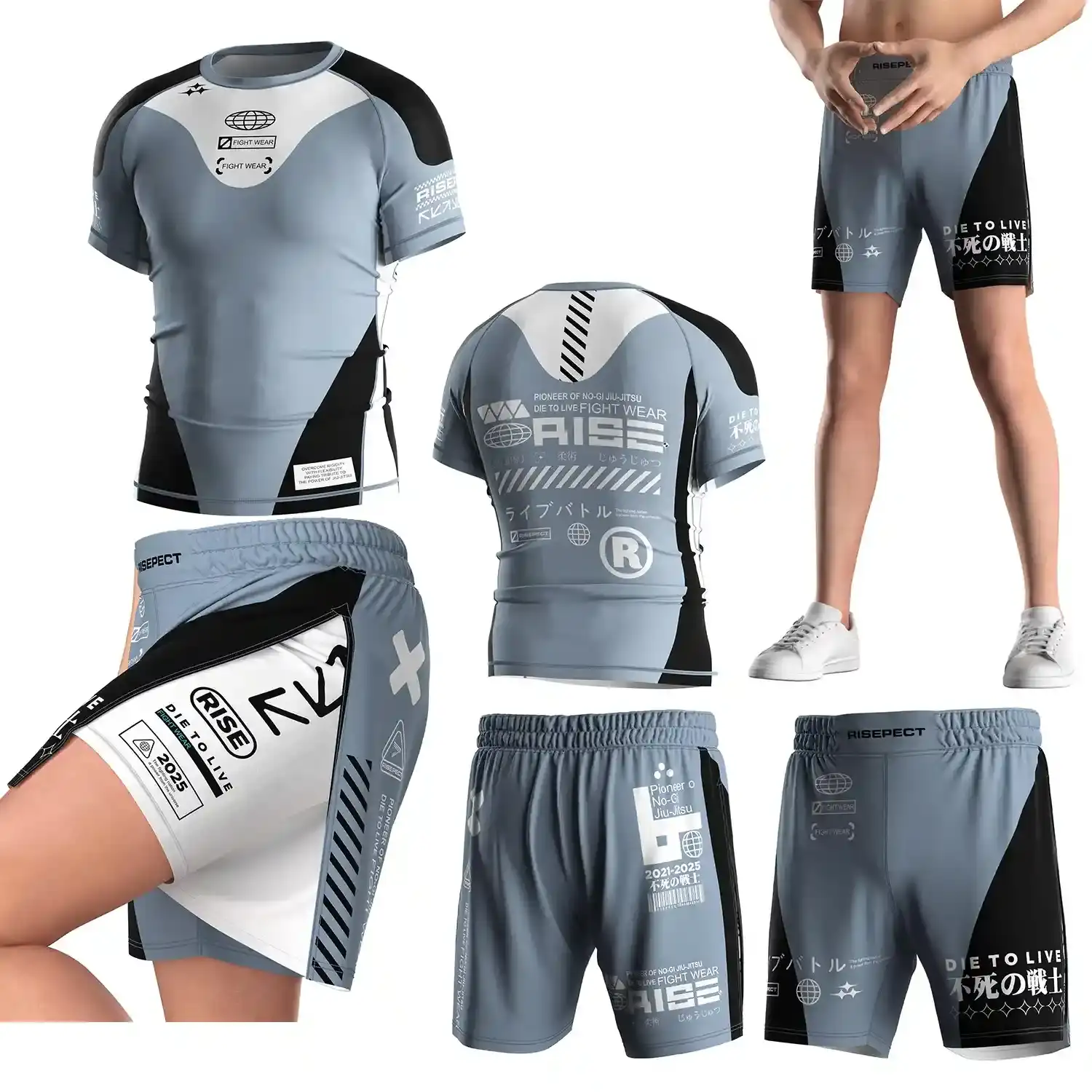 The front and back view of the sky blue MMA BJJ club and private label set. The set includes a short sleeve nogi rash guard and a high slit 2in1 training shorts