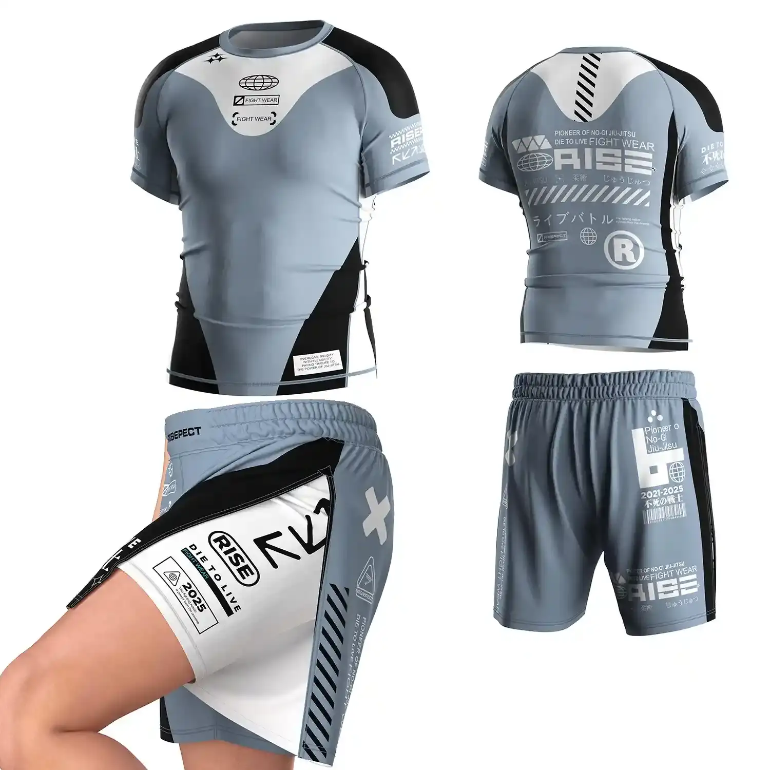 
                Club & Private Label Set Sky Blue Rash Guard & Shorts for BJJ MMA