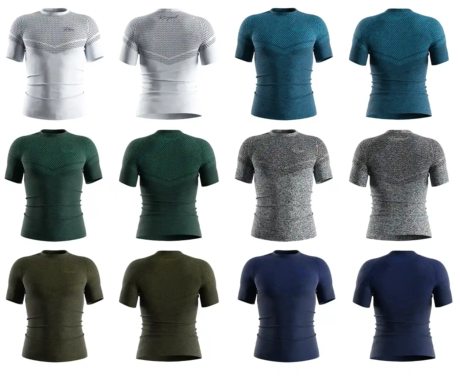 The front and back view of Ultrasonic Welded Seamless Knit Short Sleeve Rash Guard. This rash guard has 6 colors: grey white, lake blue, lake green, grey black, army green, and navy blue.