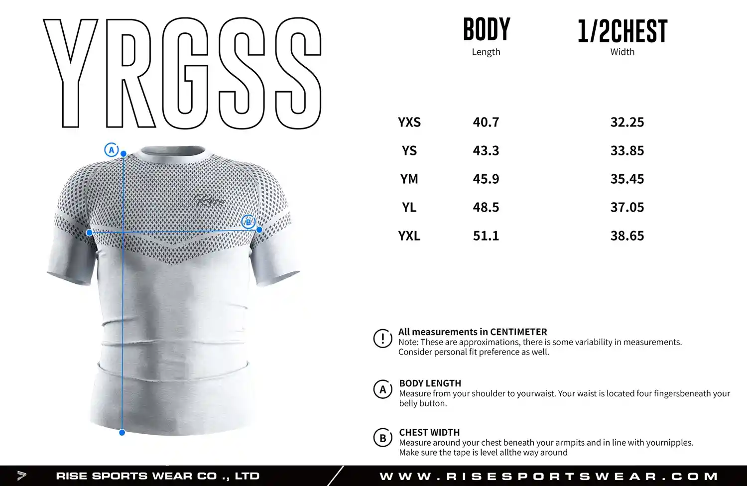 Use youth sizes chart provided by Rise Sportswear, or custom your own brand, club, or team youth sizes chart for Ultrasonic Welded Seamless Knit Short Sleeve Rash Guard.