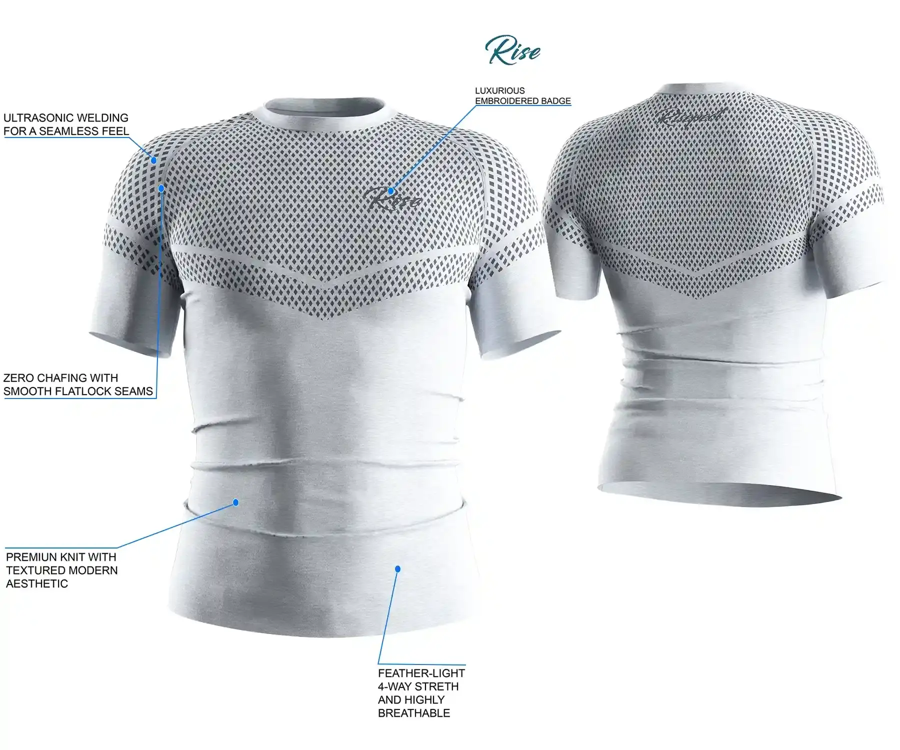 Details feature of Ultrasonic Welded Seamless Knit Short Sleeve Rash Guard.