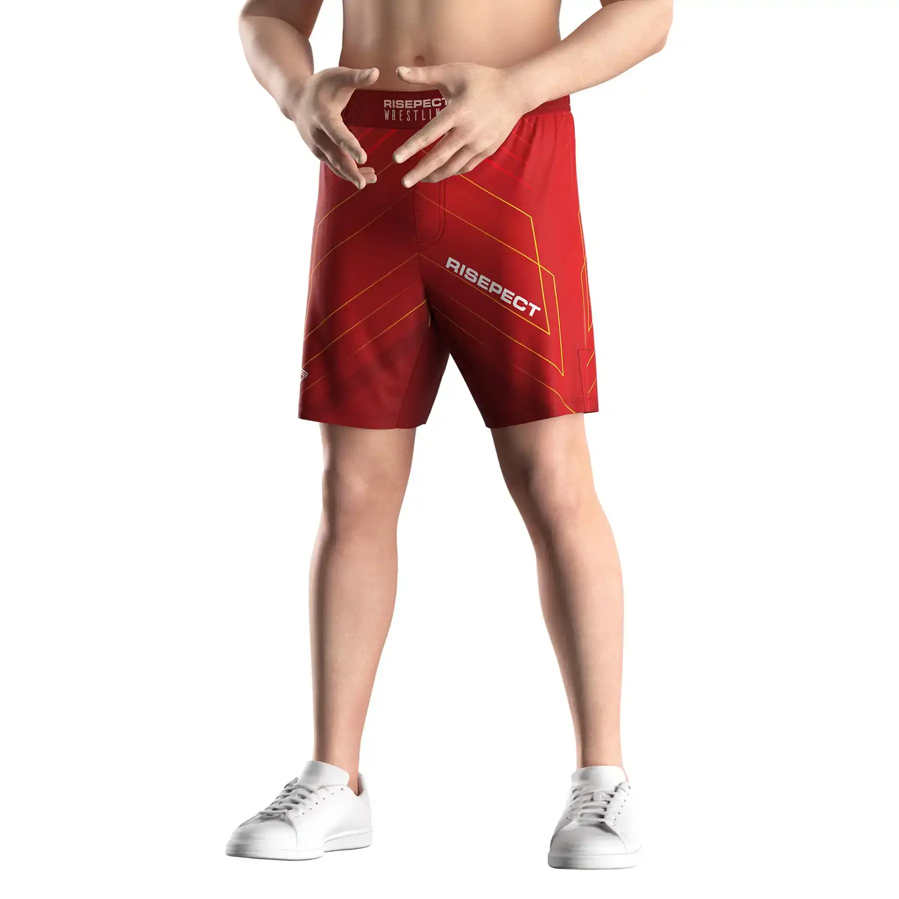Male model in Rise wrestling shorts wholesale patriot red front