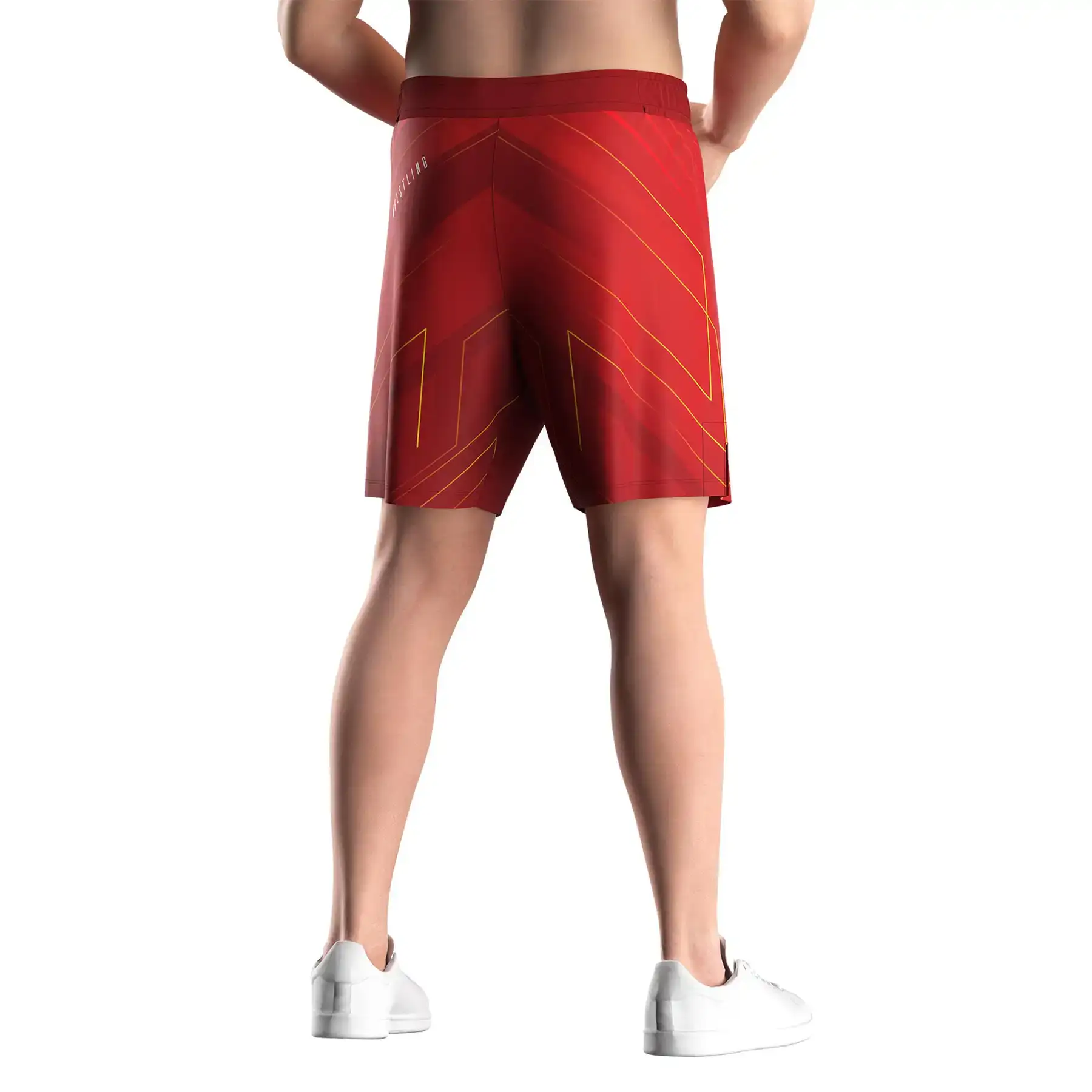 Male model in Rise wrestling shorts wholesale patriot red back