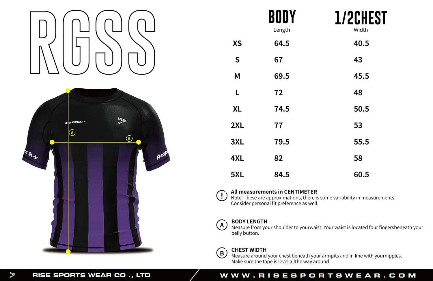 Men's BJJ rash guard size chart with custom BJJ rash guard sizing options for private label brands