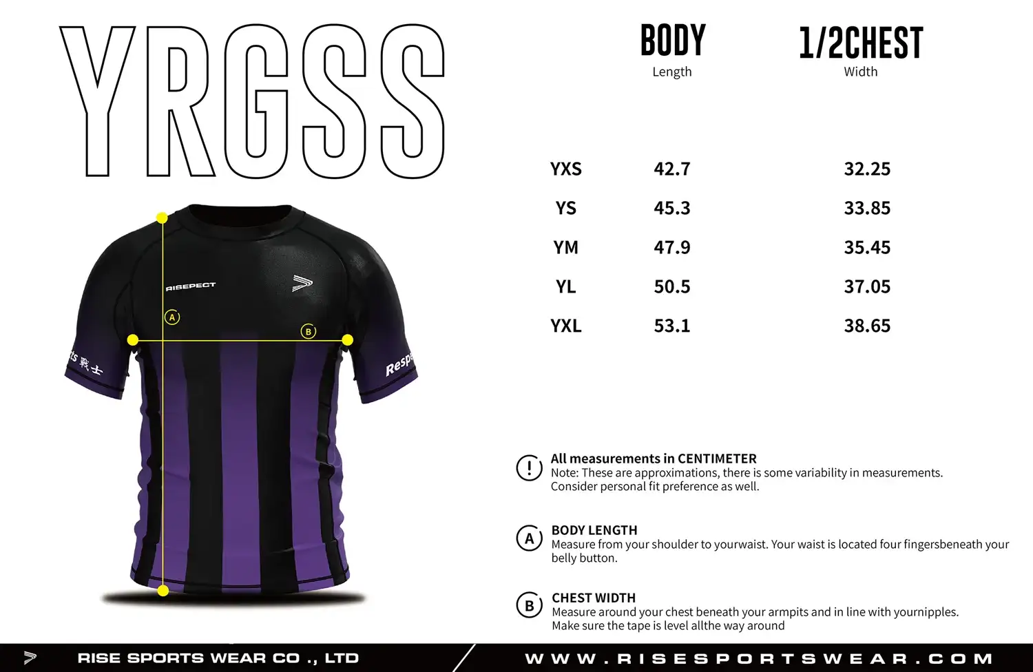 Youth BJJ rash guard size chart with custom BJJ rash guard sizing options for private label brands
