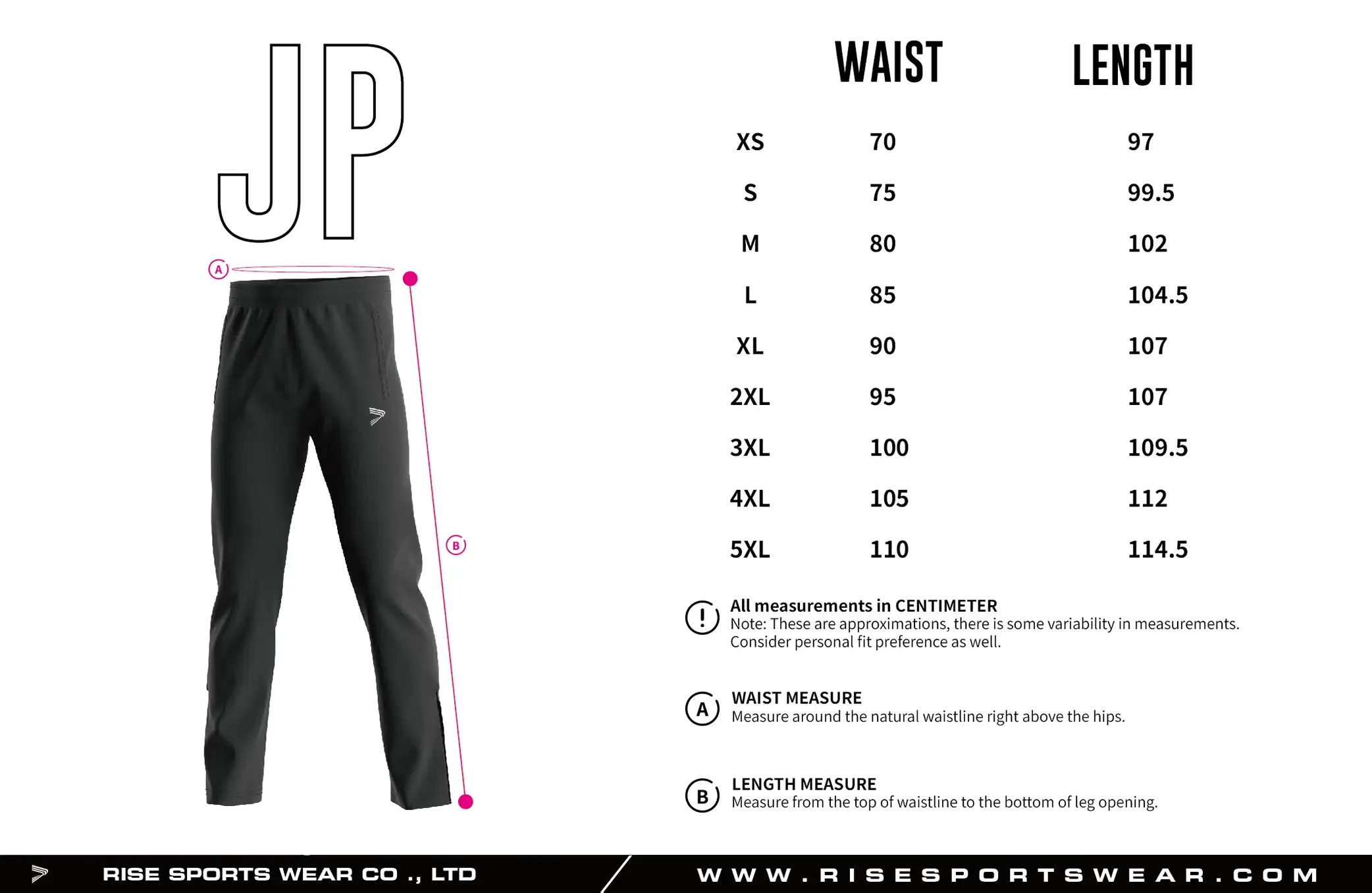 Use adult size chart provided by Rise Sportswear, or custom your own team, club, or brand adult sizes chart for bjj mma training track pants.