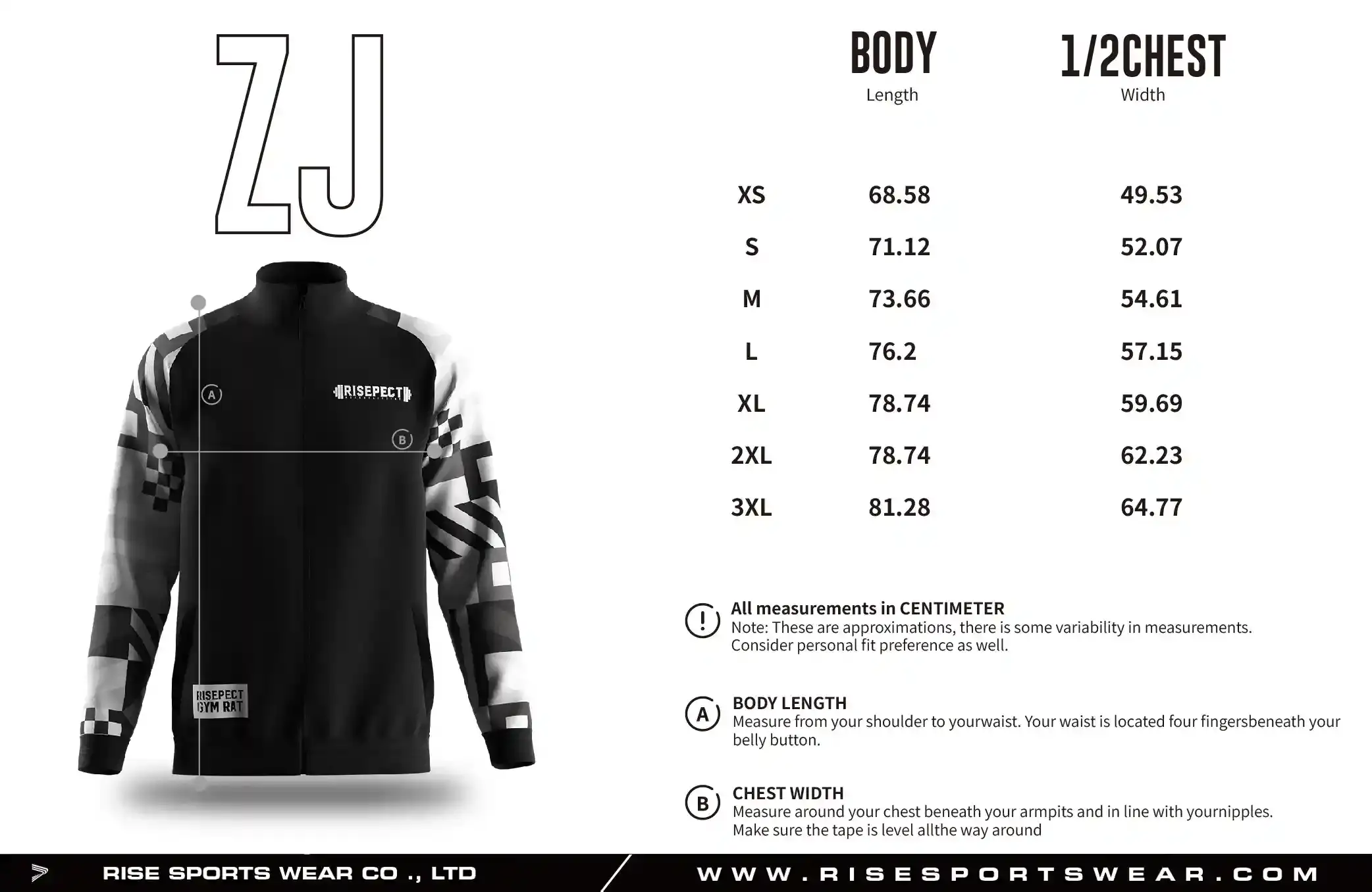 Use the adult sizes chart provided by Rise Sportswear, or custom your own brand, team, or club adult sizes chart for training jacket.