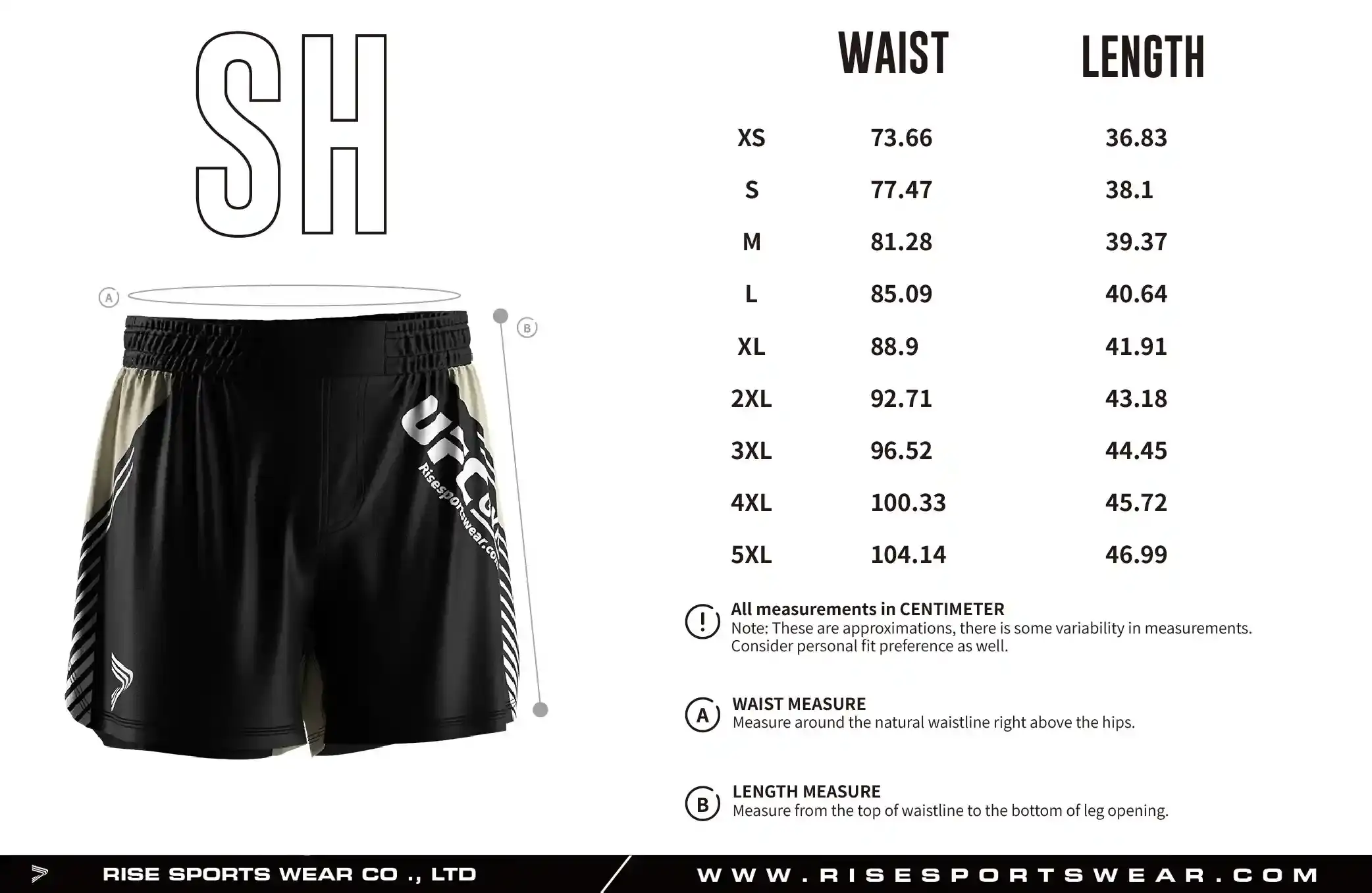 Use the adult sizes chart provided by Rise Sportswear, or custom your own brand, lteam, or club adult sizes chart for bjj training shorts.