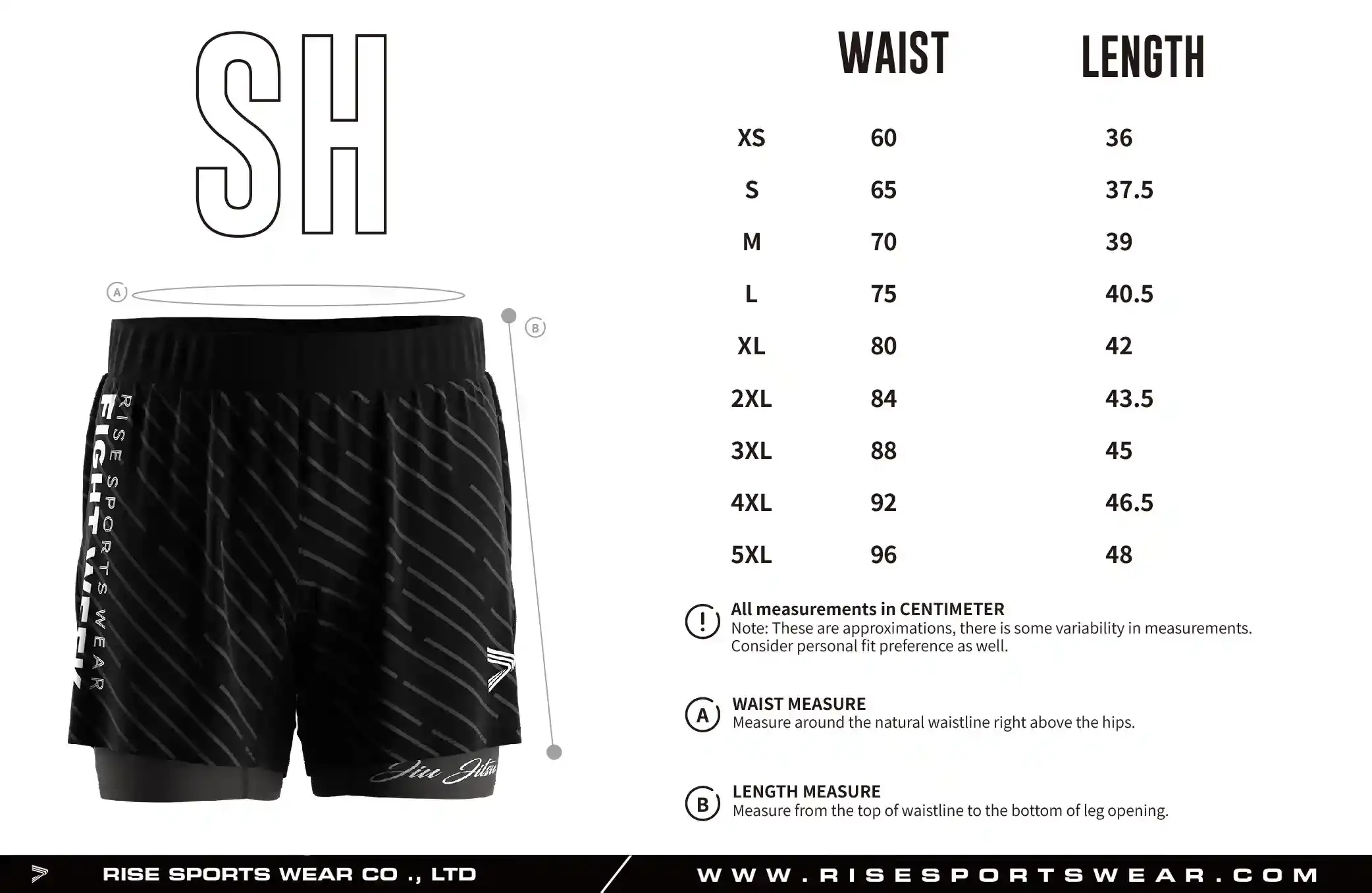 Use the adult sizes chart provided by Rise Sportswear, or custom your own brand, team, or club adult sizes chart for combat training double shorts.