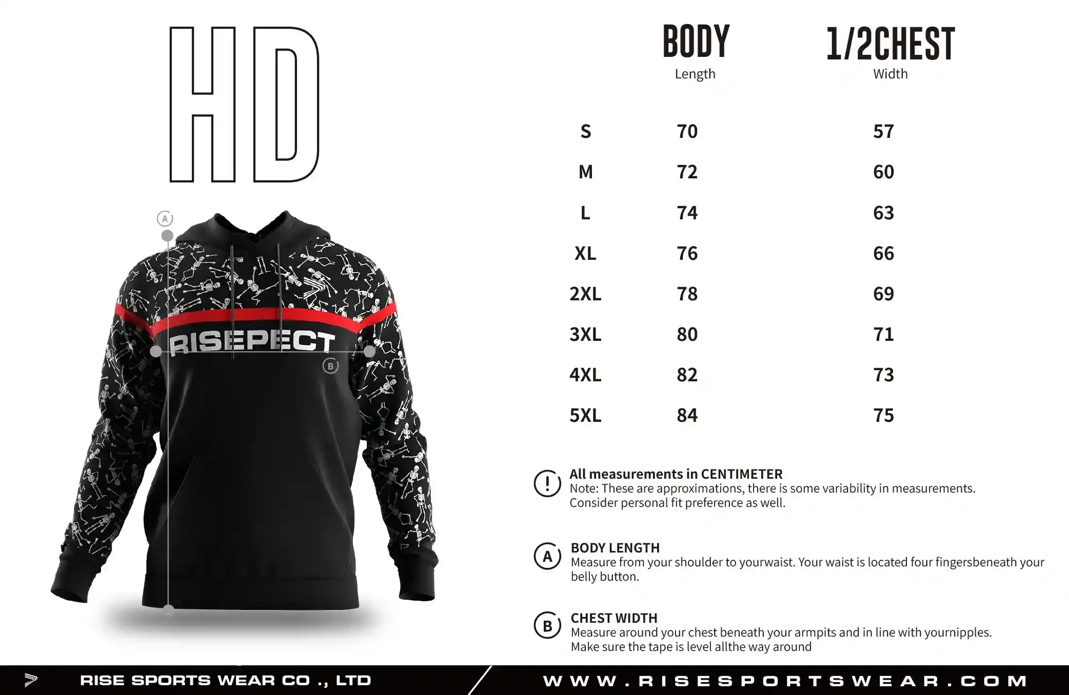 Use adult sizes chart provided by Rise Sportswear, or custom your own brand, team, or club adult sizes chart for bjj mma training hoodie.