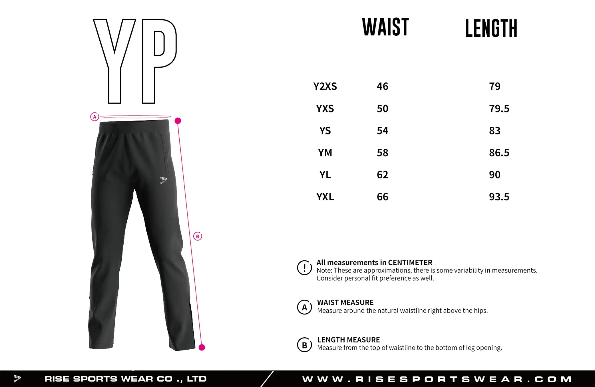 Use youth size chart provided by Rise Sportswear, or custom your own team, club, or brand youth sizes chart for bjj mma training track pants.