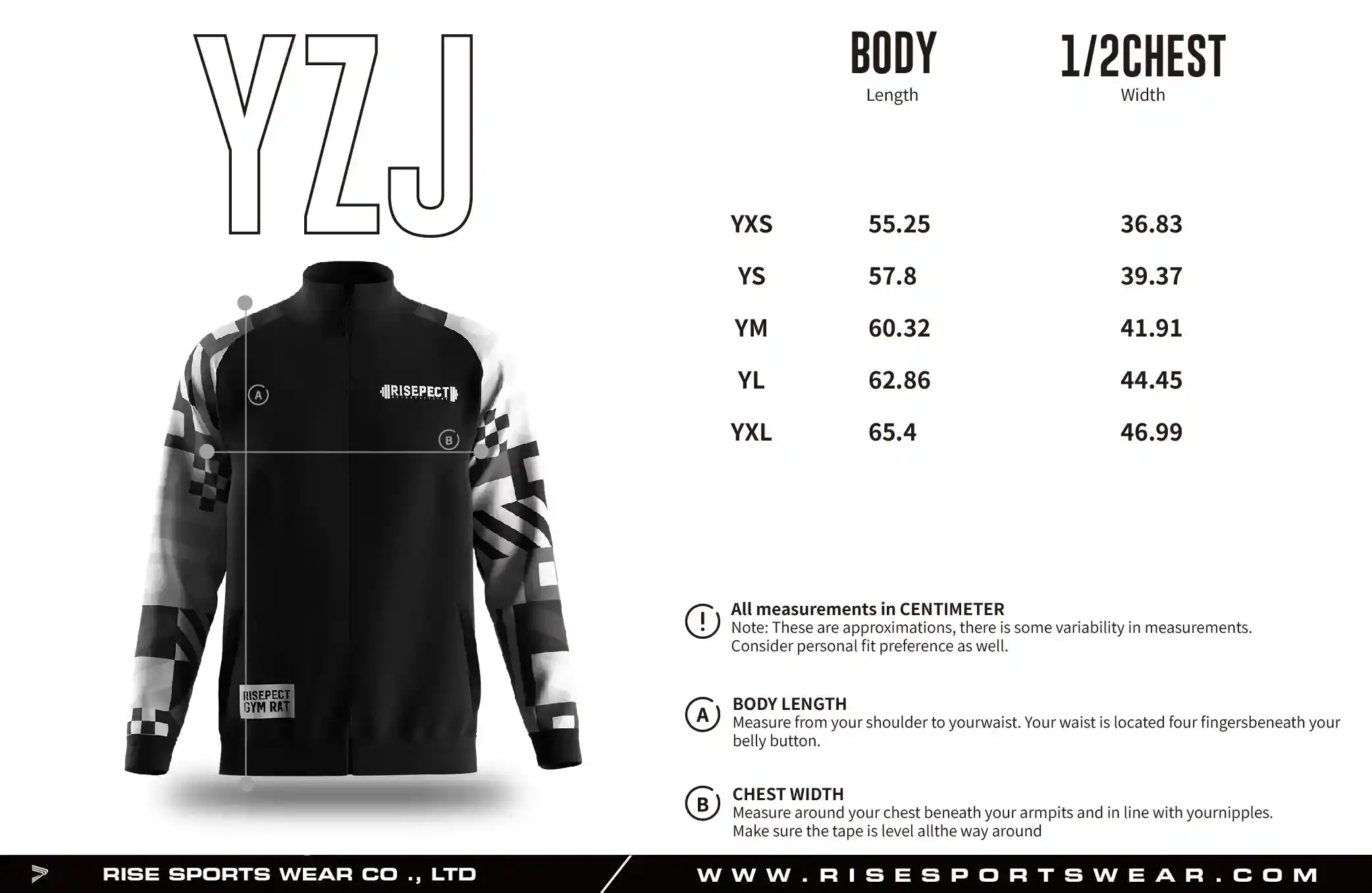 Use the youth sizes chart provided by Rise Sportswear, or custom your own brand, team, or club youth sizes chart for training jacket.