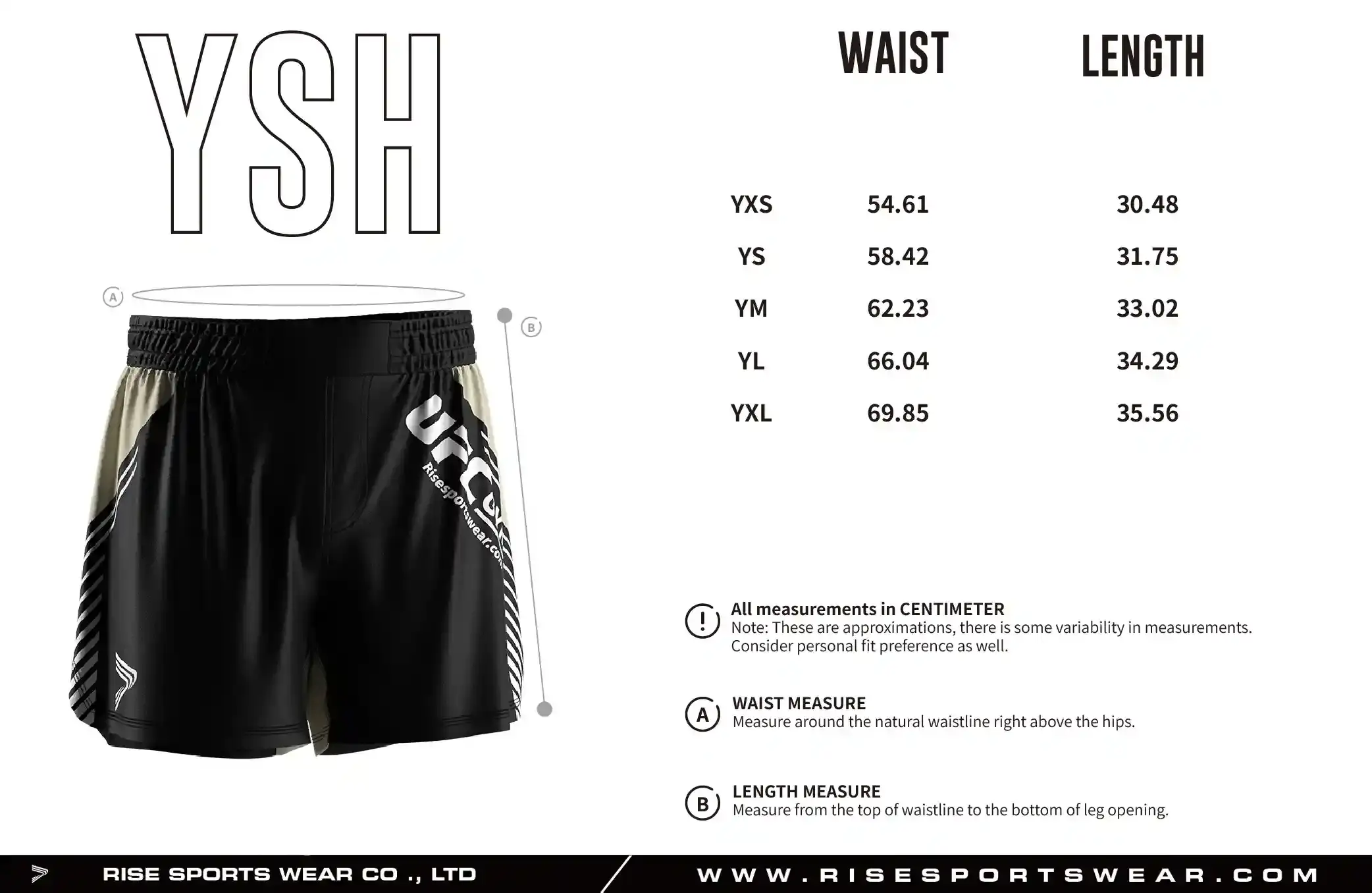 Use the youth sizes chart provided by Rise Sportswear, or custom your own brand, lteam, or club youth sizes chart for bjj training shorts.