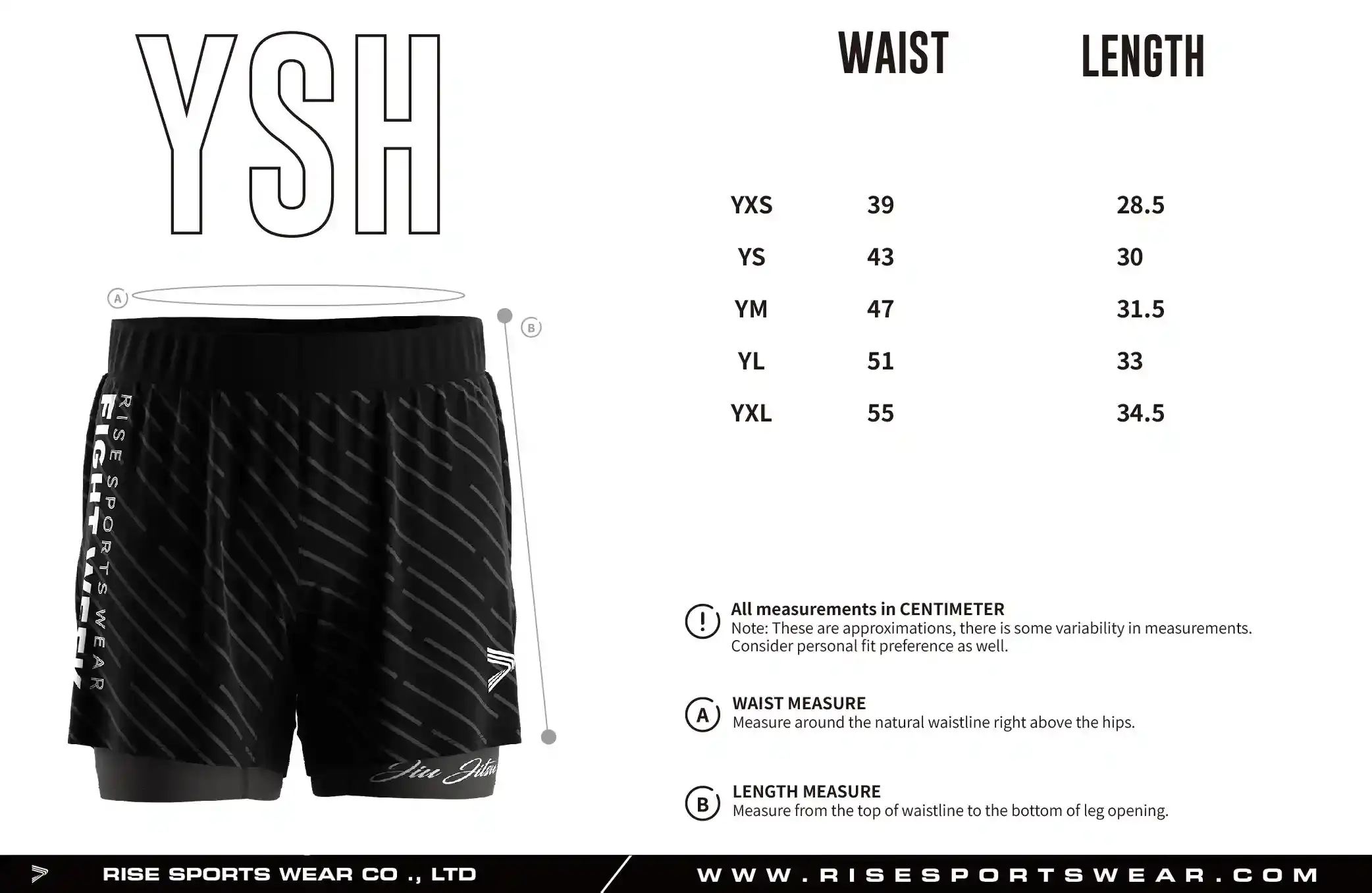 Use the youth sizes chart provided by Rise Sportswear, or custom your own brand, team, or club youth sizes chart for combat training double shorts.